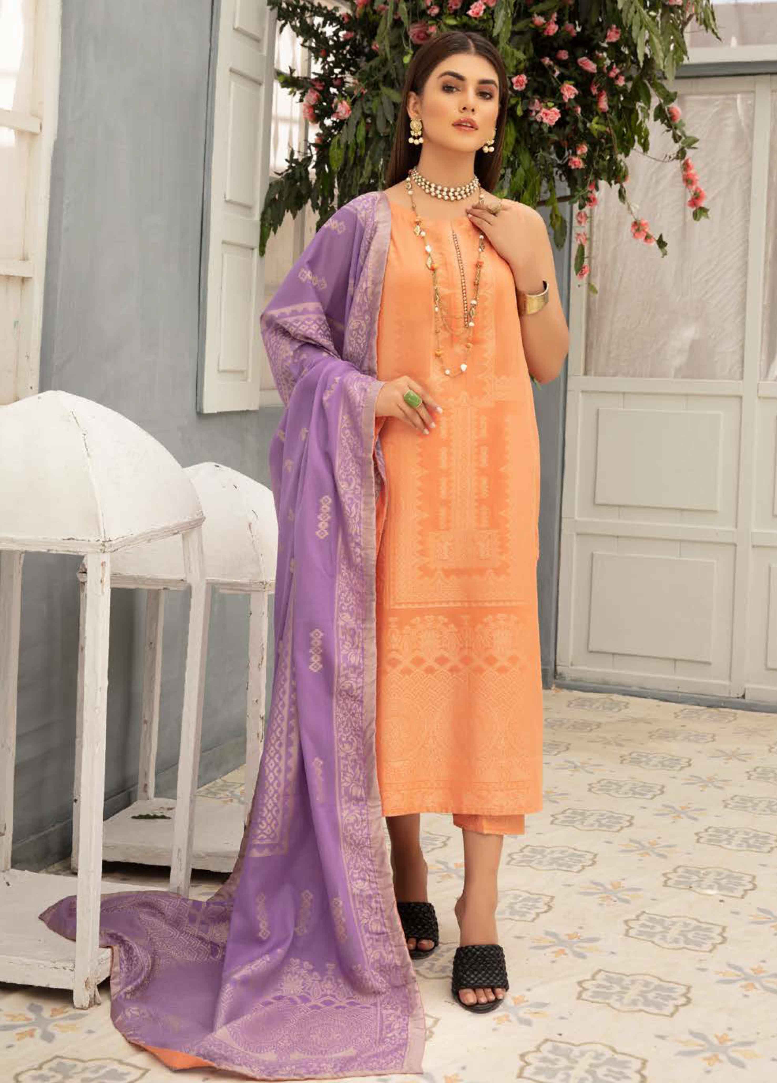 Elegance By Simrans Jacquard 3 Piece Dark Peach Full Sleeves Outfit