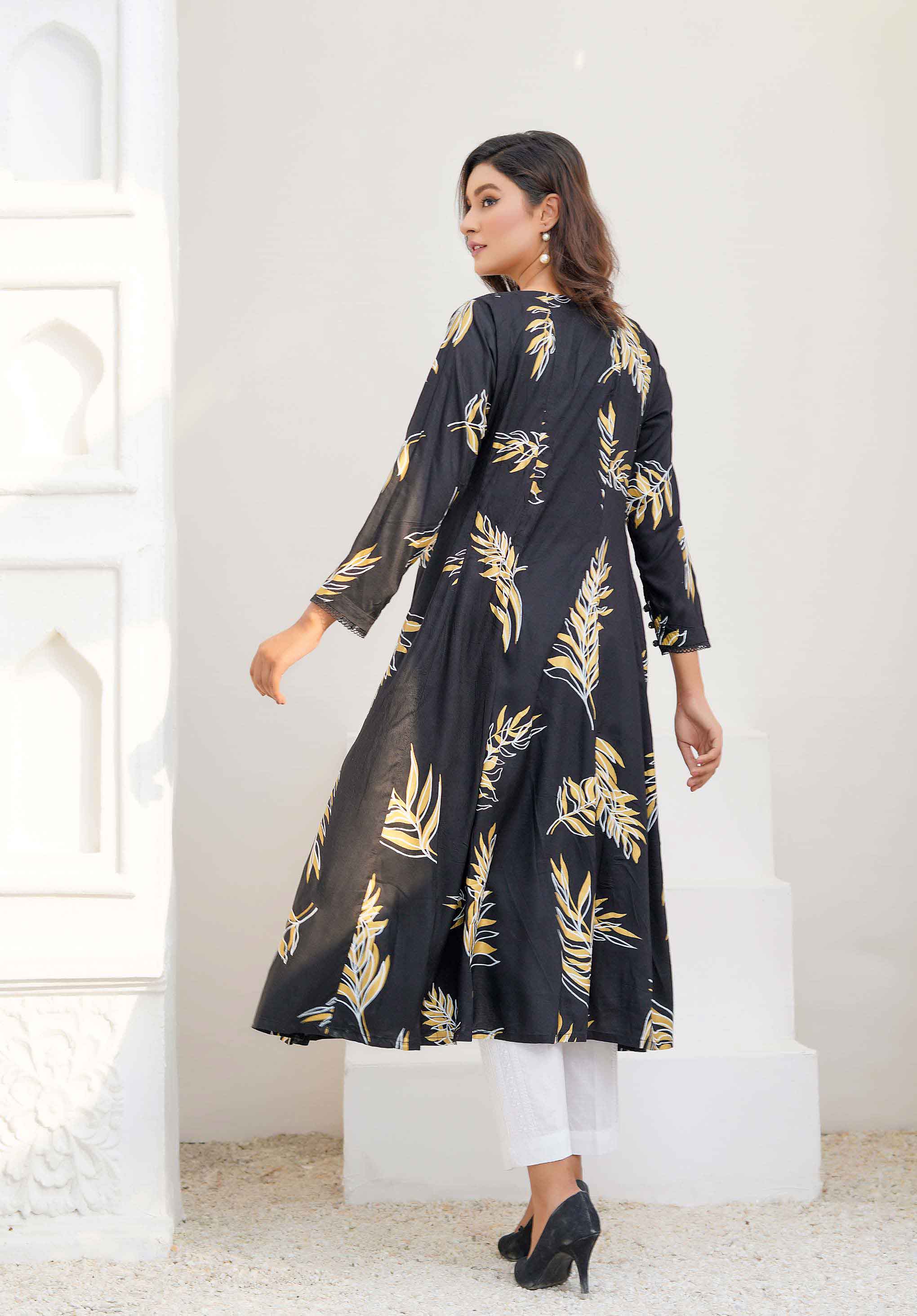 Ethnic Designer Printed Long Linen Ladies Kurti Black kurta DesiP 