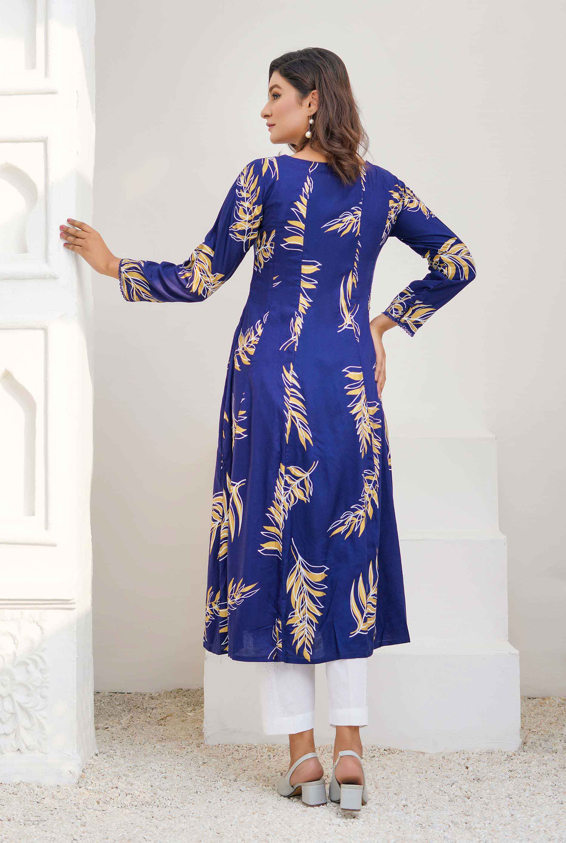 Blue printed cotton long-kurtis - KAAJH - 4153002