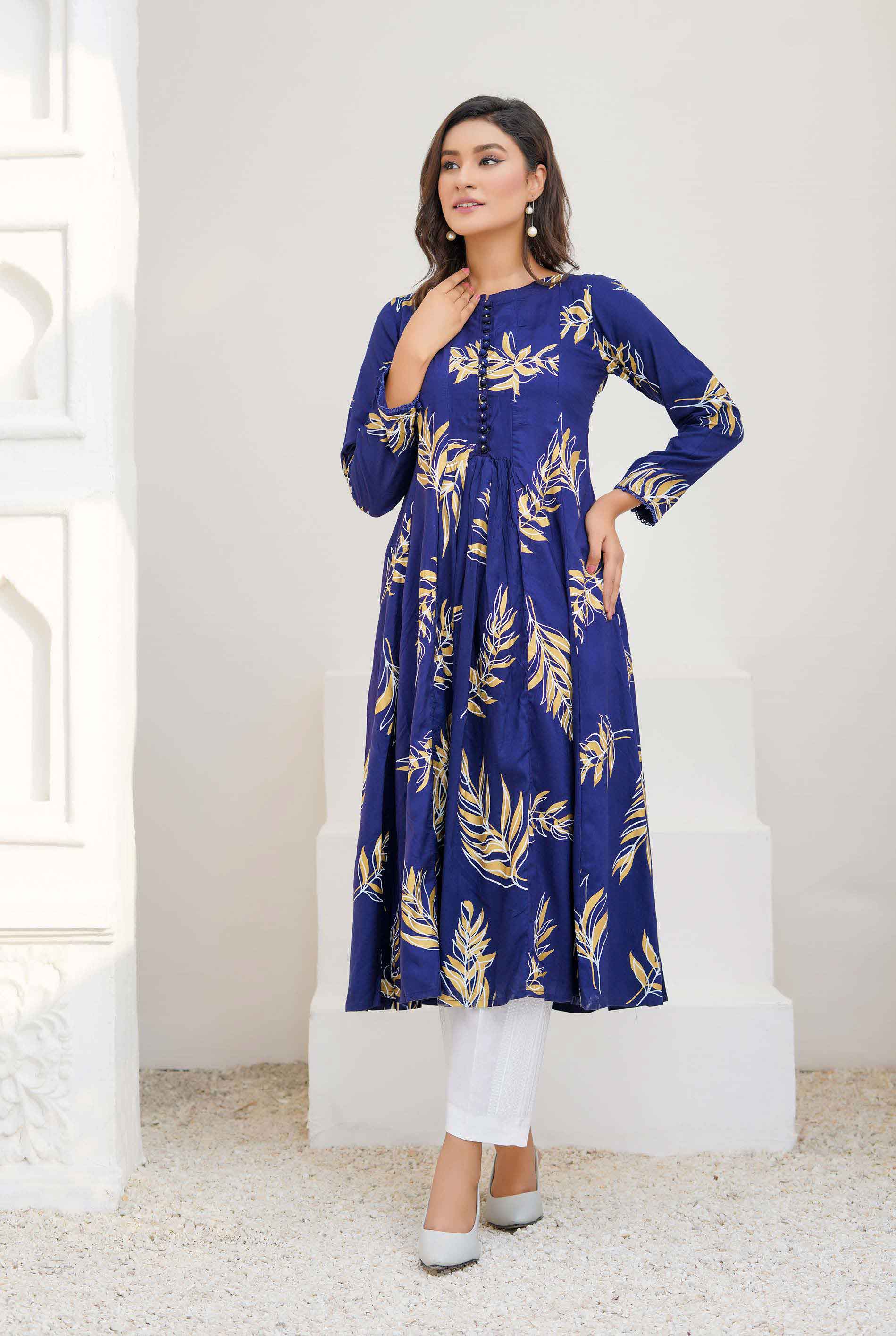 Ethnic Designer Printed Long Linen Ladies Kurti Blue kurta DesiP 