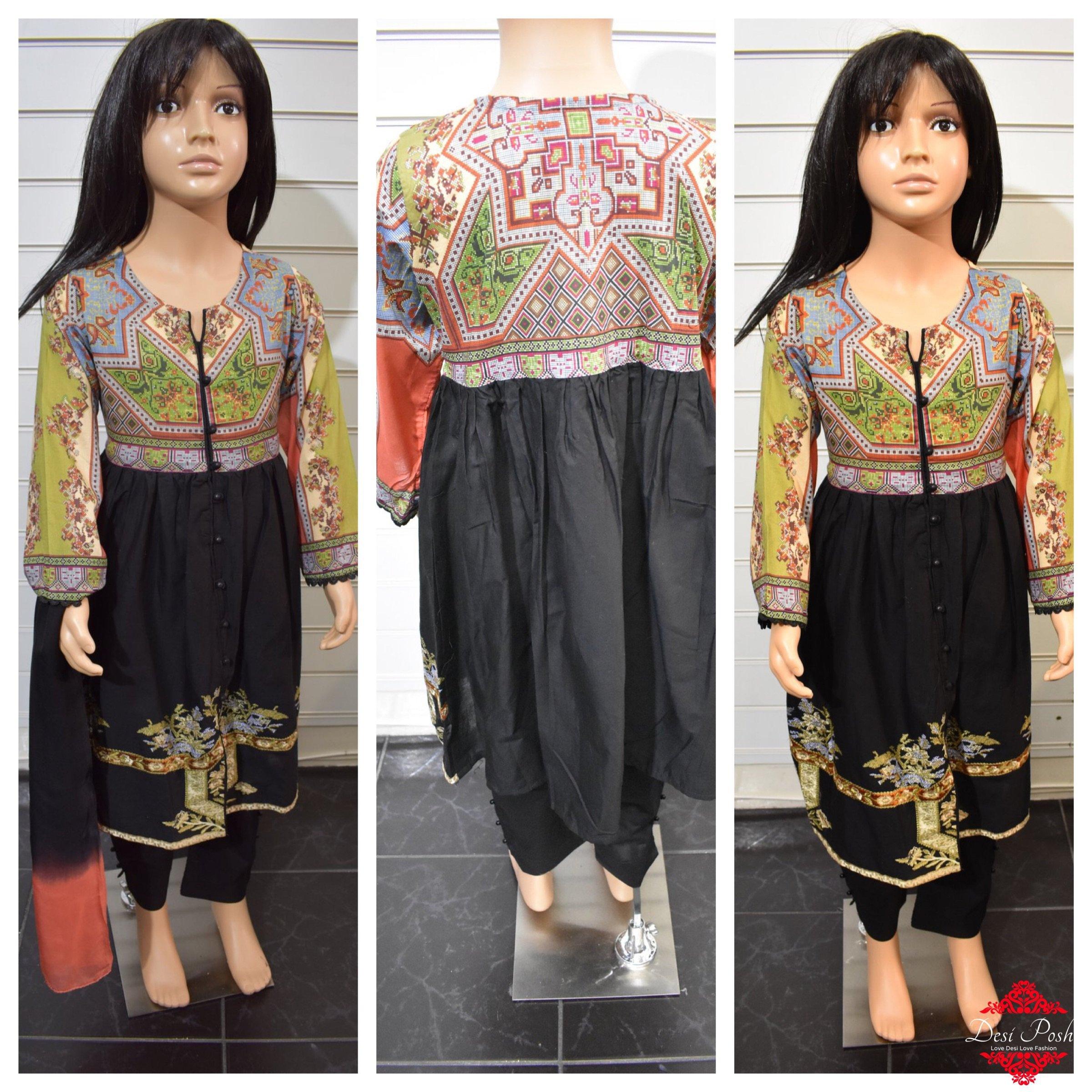 Ethnic Embroidered Kids Peplum Frock Outfit With Pearl Detailed Trousers - Desi Posh