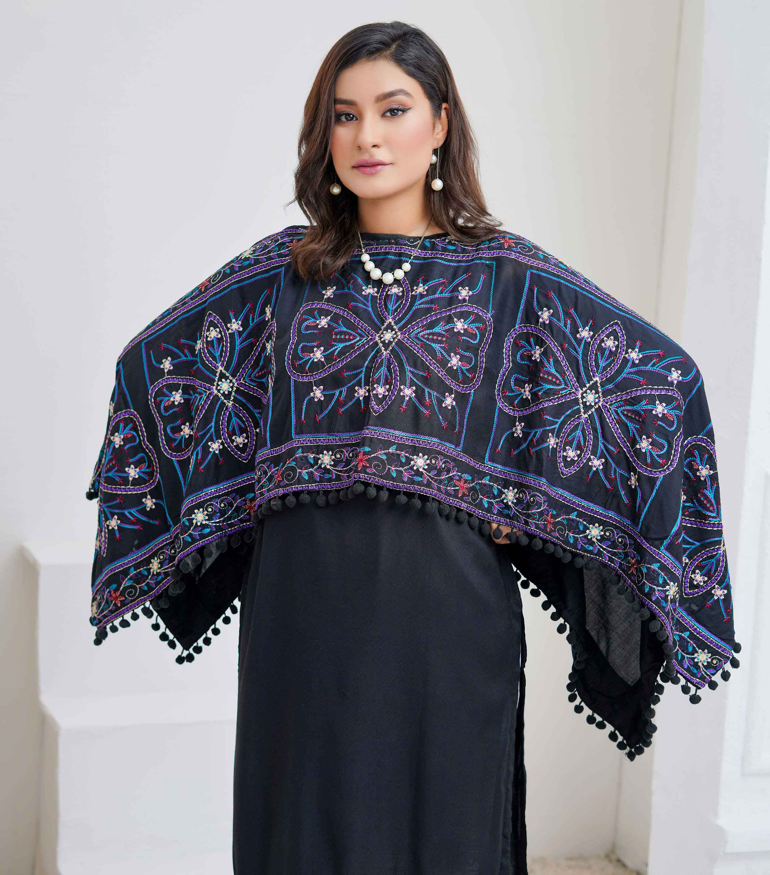 Ethnic PK Embroidered Cape Style Black Ladies Kurta DesiP 