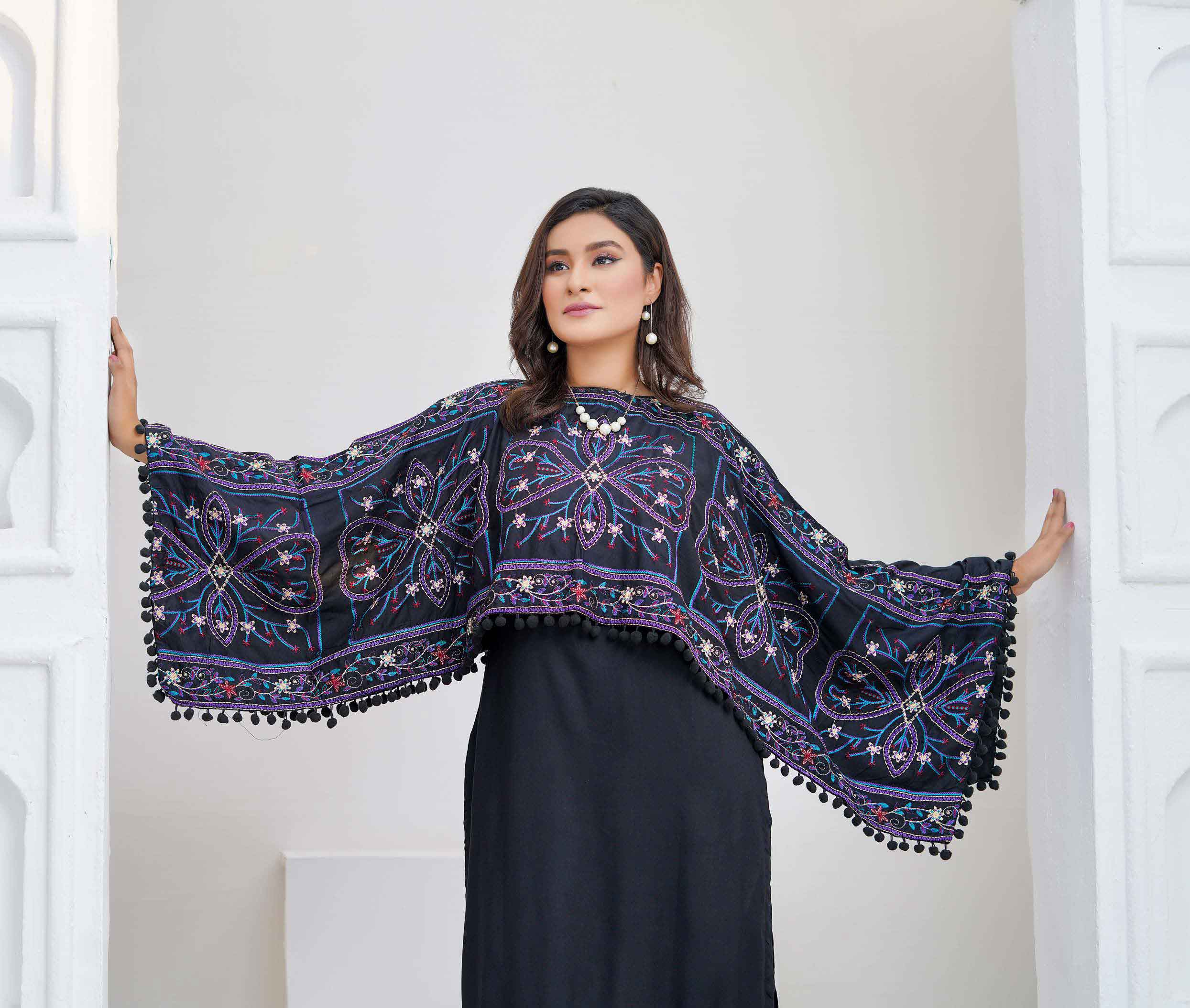 Ethnic PK Embroidered Cape Style Black Ladies Kurta DesiP 