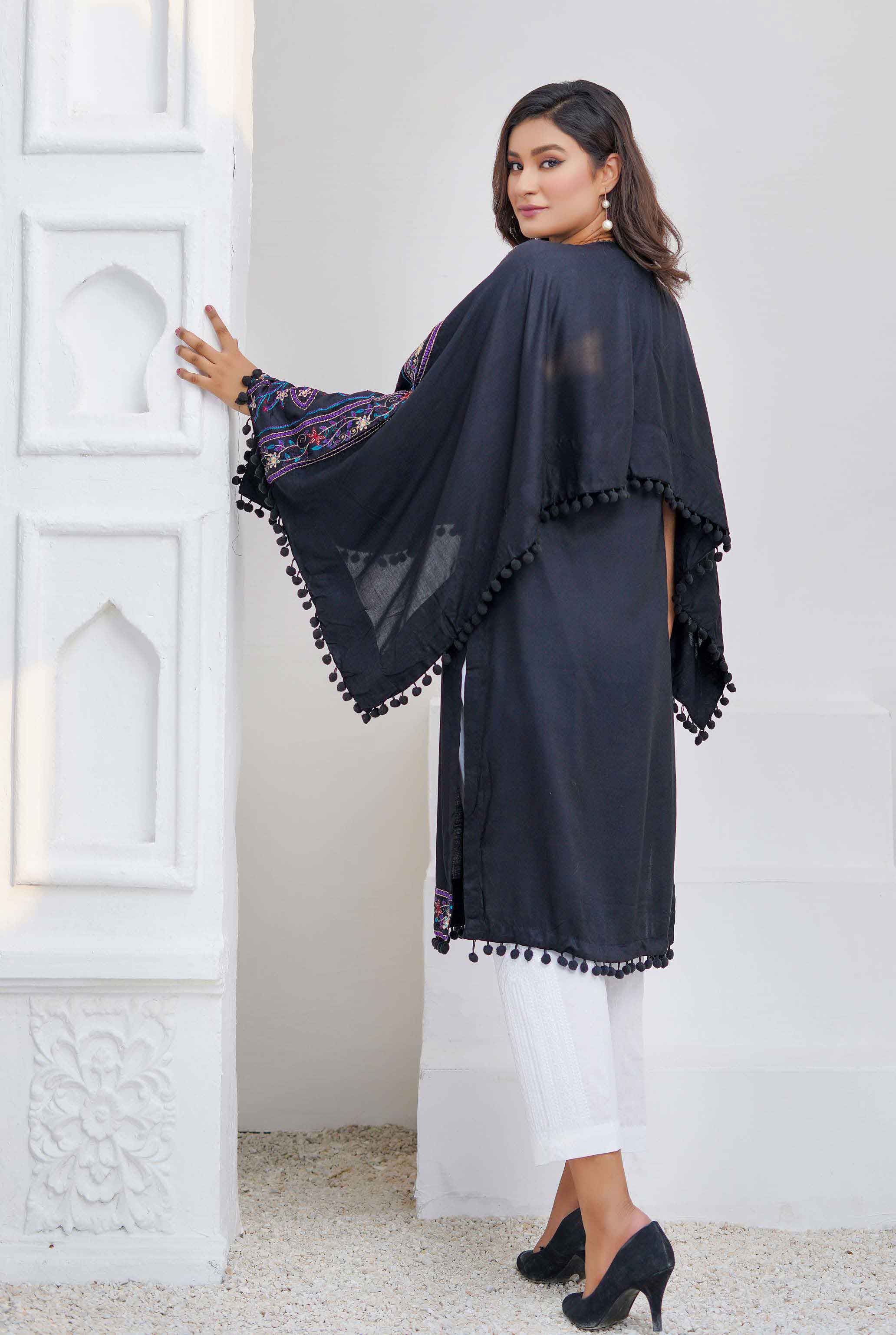 Ethnic PK Embroidered Cape Style Black Ladies Kurta DesiP 