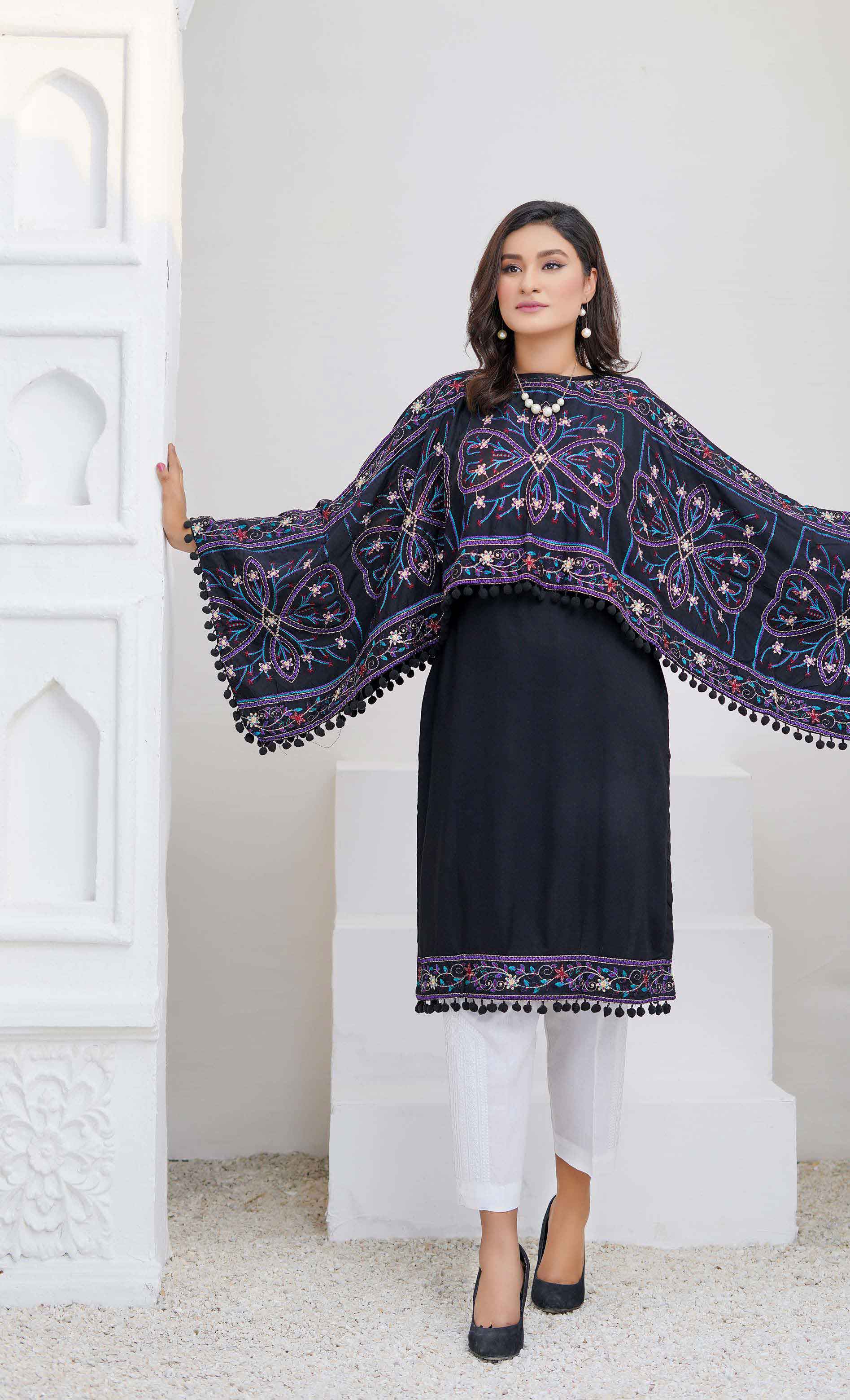 Ethnic PK Embroidered Cape Style Black Ladies Kurta DesiP 