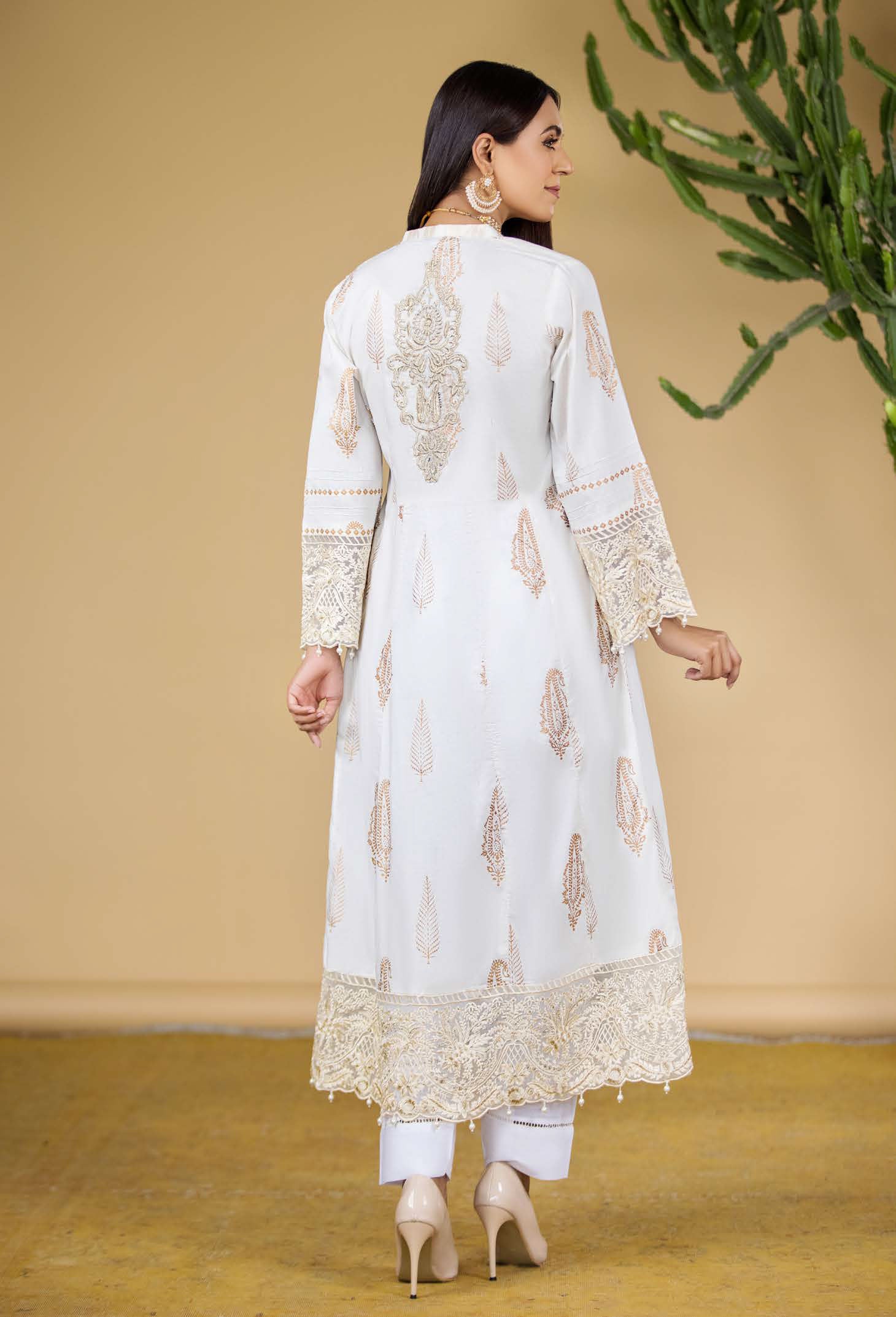 Ethnic PK Ladies Embroidered Long Angrakha Cream Kurti - Desi Posh