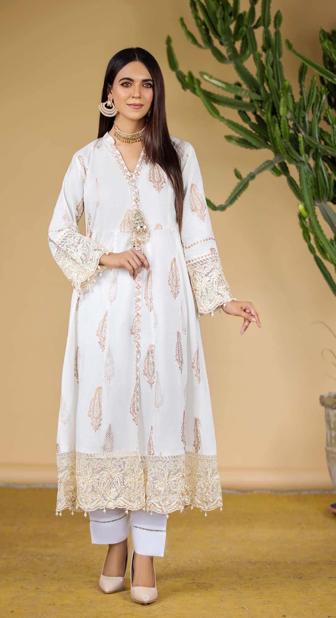 Ethnic PK Ladies Embroidered Long Angrakha Cream Kurti - Desi Posh