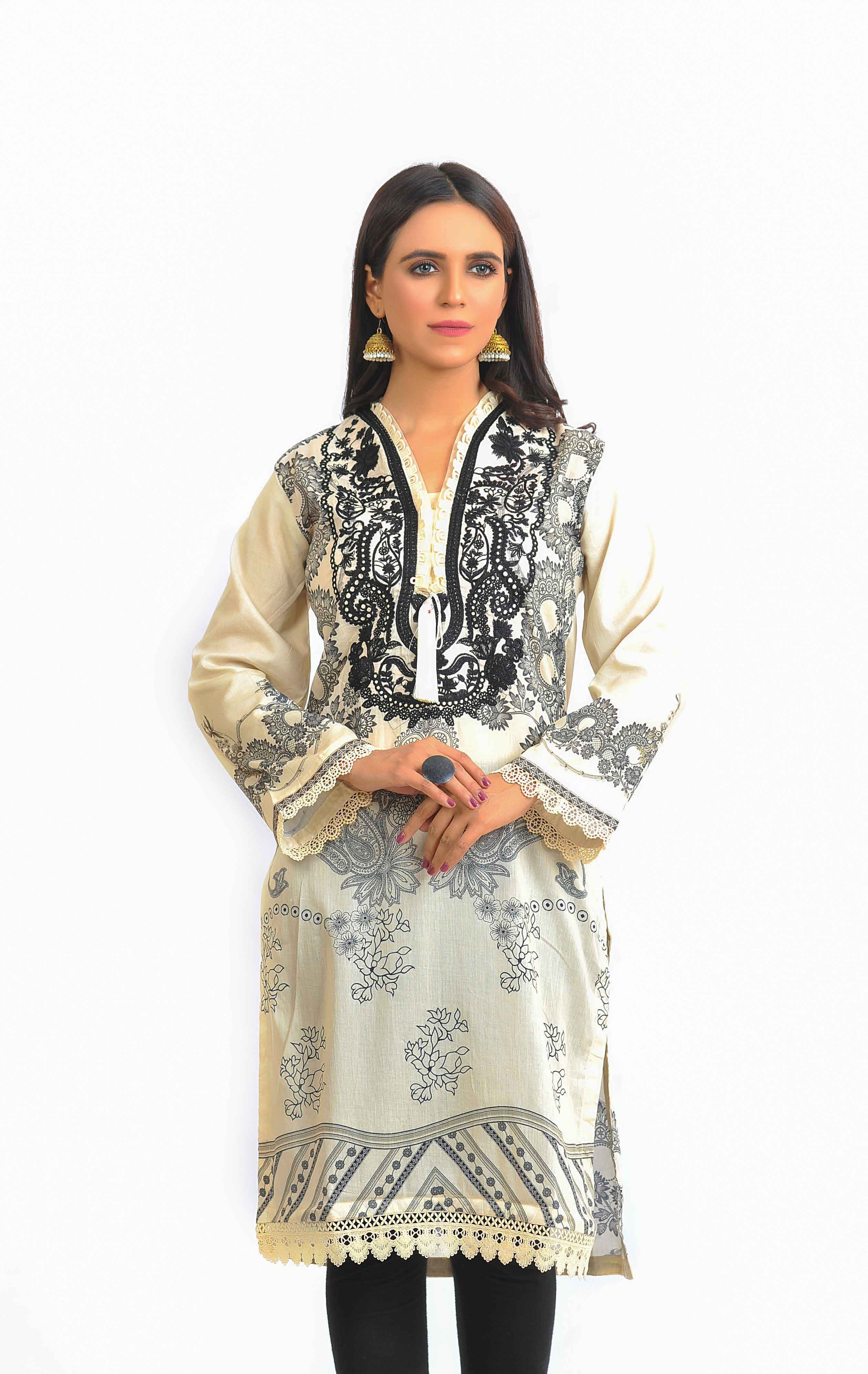 Ethnic PK Summer Lawn Ladies Cream Embroidered Kurti DesiP 