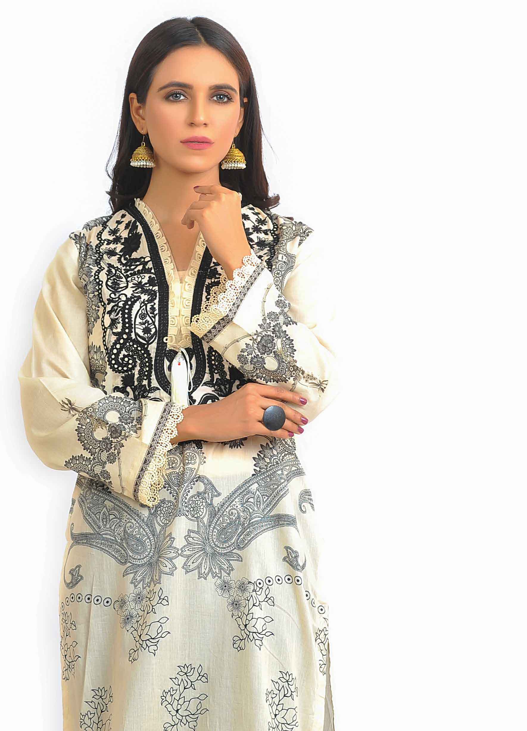 Ethnic PK Summer Lawn Ladies Cream Embroidered Kurti DesiP 