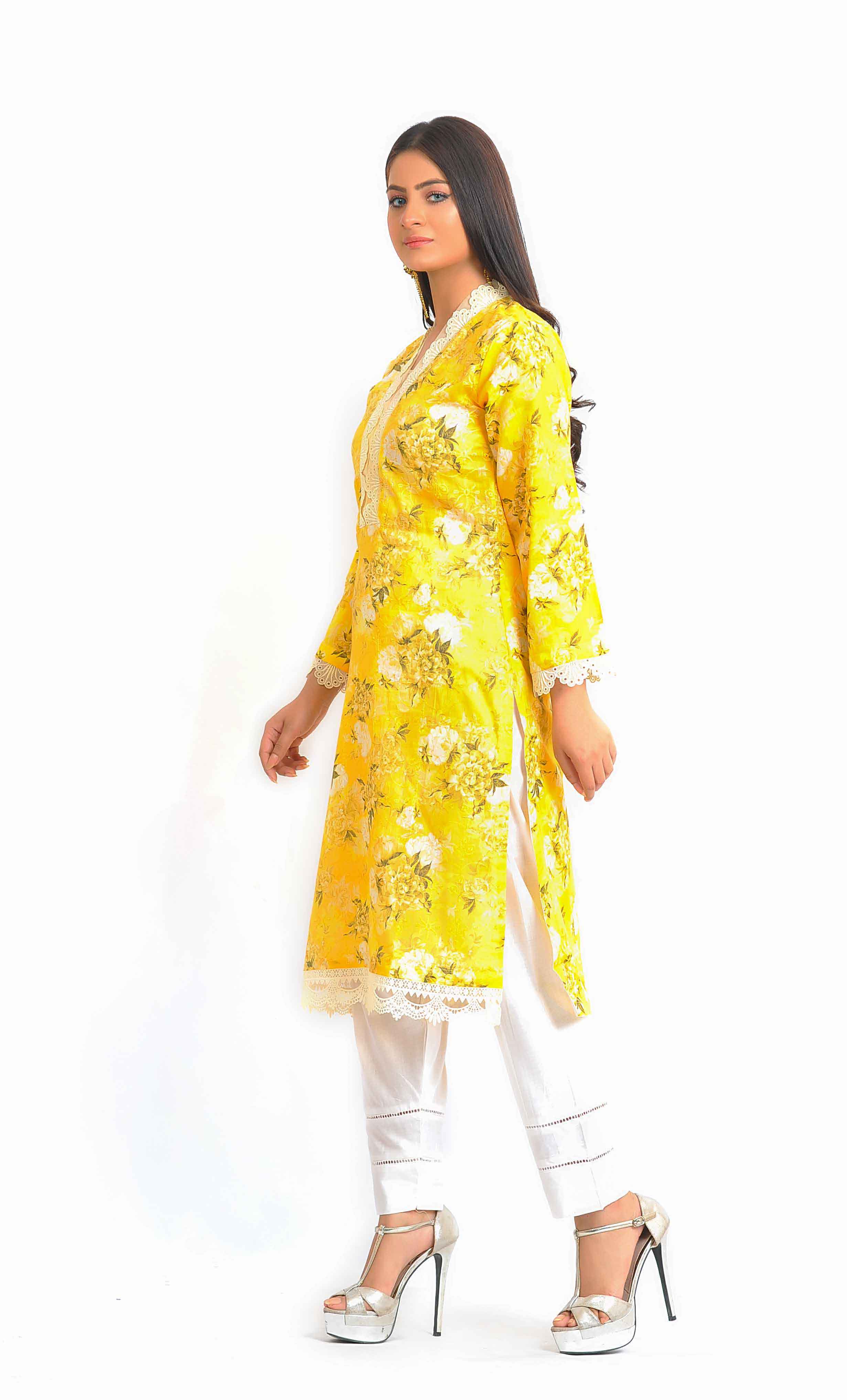 Ethnic PK Summer Lawn Ladies Yellow Embroidered Kurti DesiP 