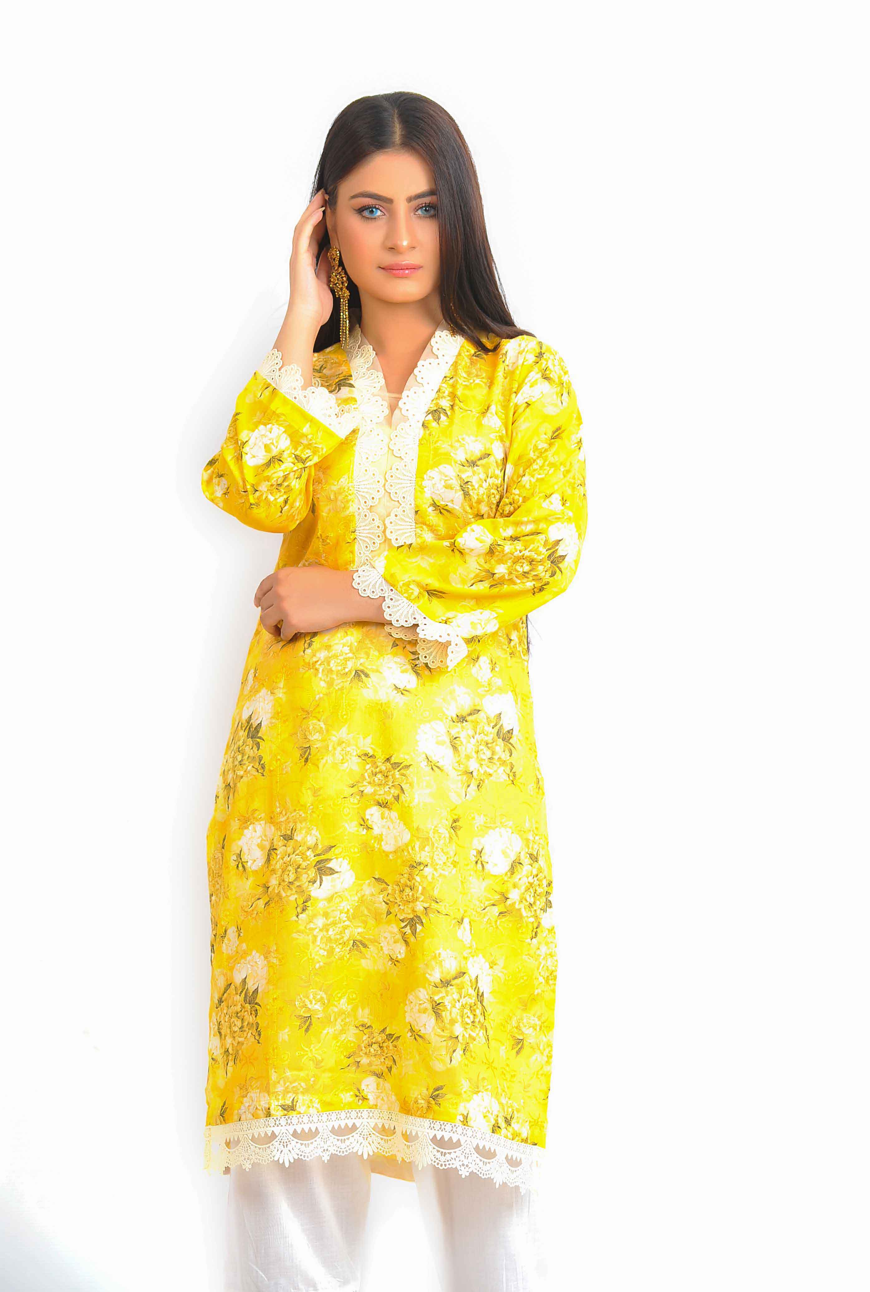 Ethnic PK Summer Lawn Ladies Yellow Embroidered Kurti DesiP 