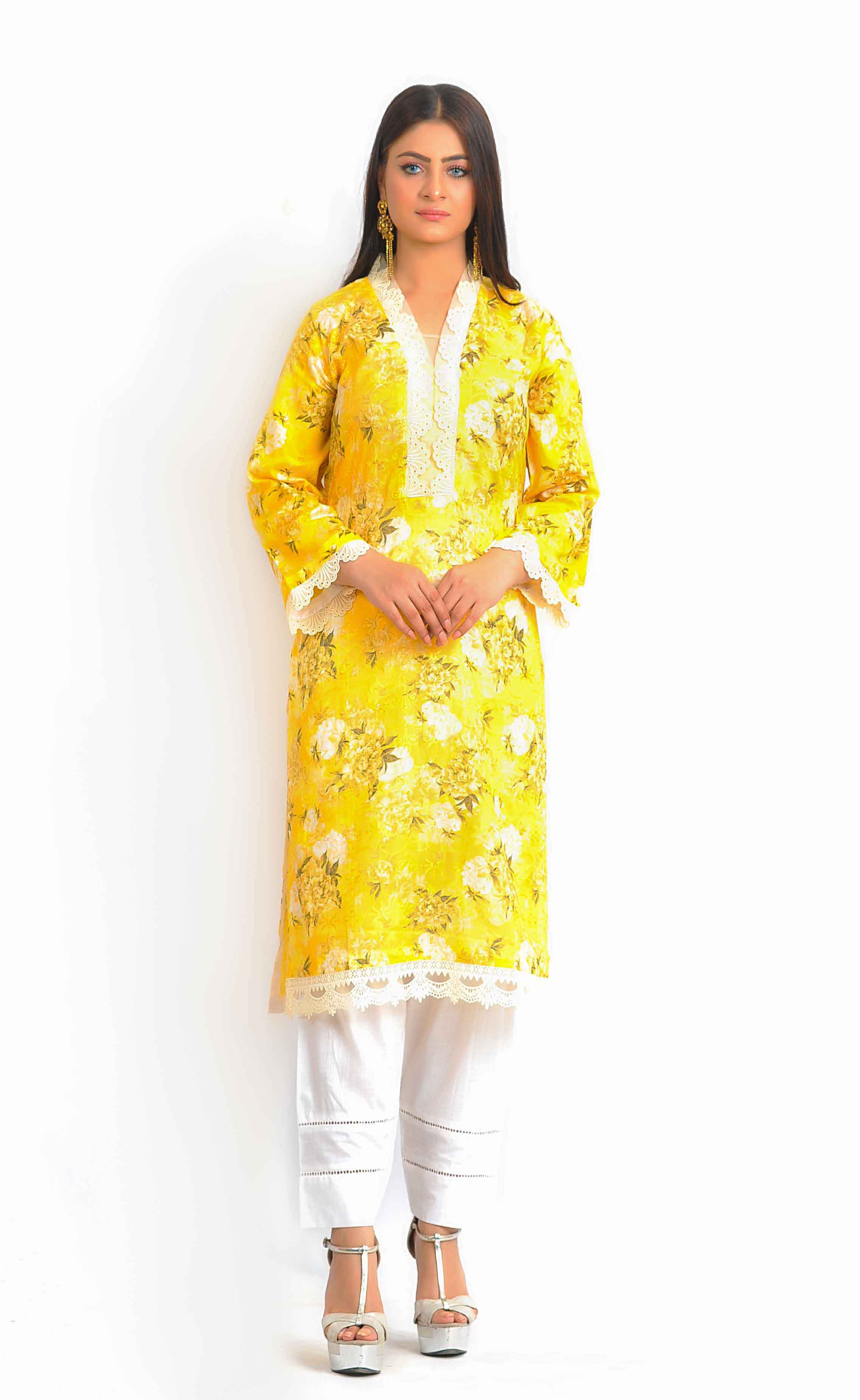 Ethnic PK Summer Lawn Ladies Yellow Embroidered Kurti DesiP 