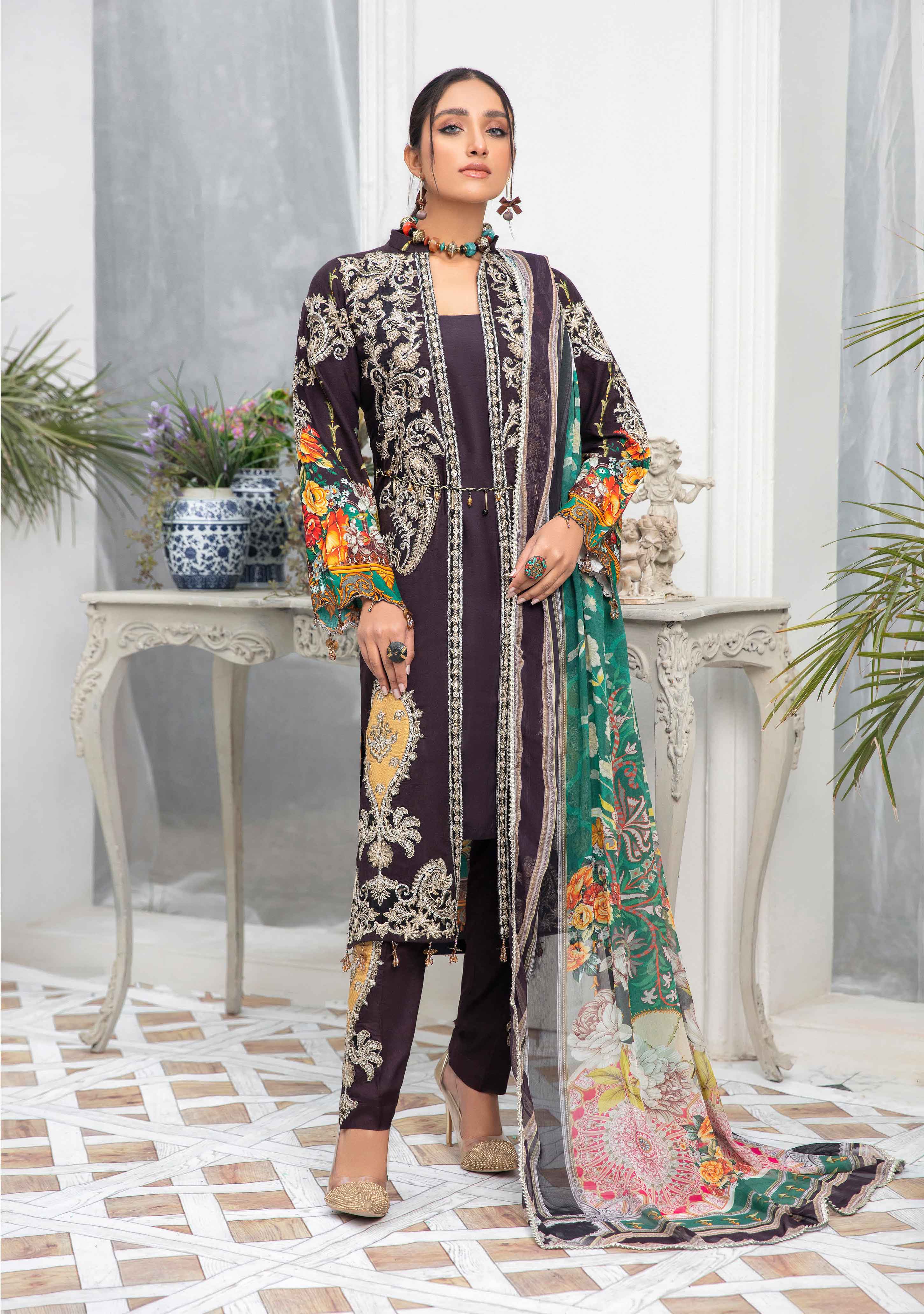 Fanaah Digital Print Jacket Style Outfit With Digital Print Chiffon Dupatta F02