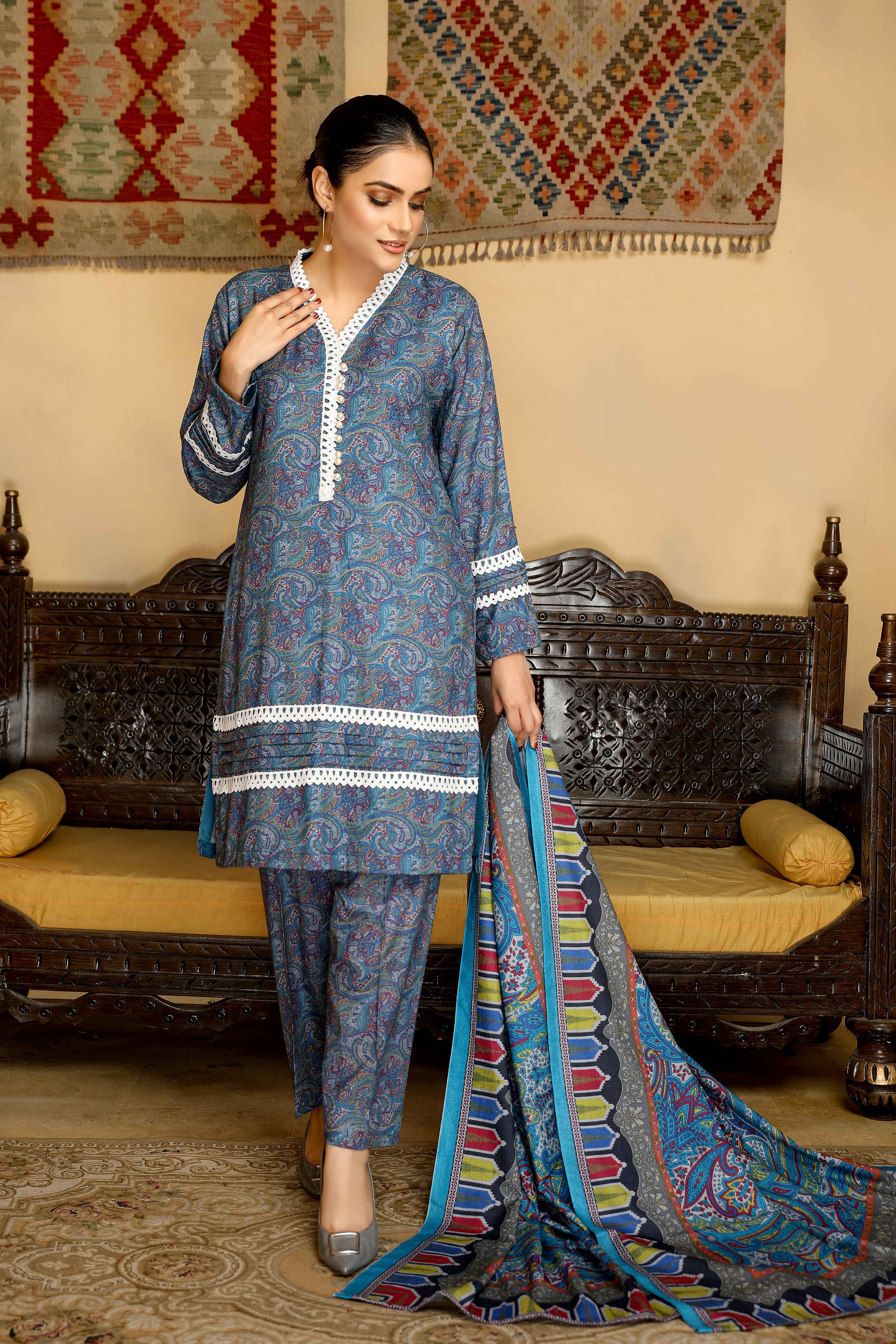 Flora Printed 3 Piece Winter Dhanak Shawl suit DH8B salwar kameez DesiP 