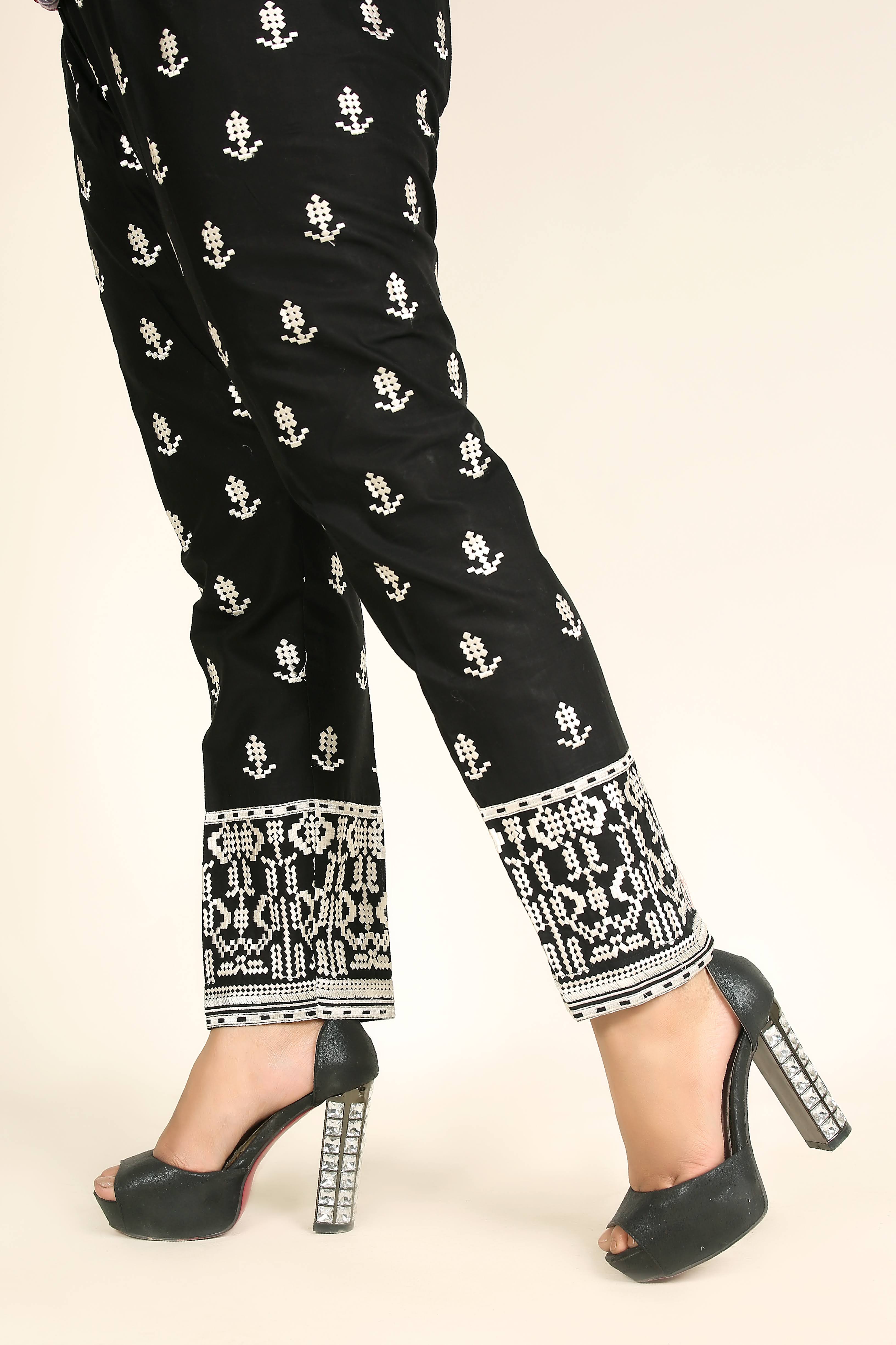 Fully Embroidered Straight Capri Trousers Black 01 - Desi Posh