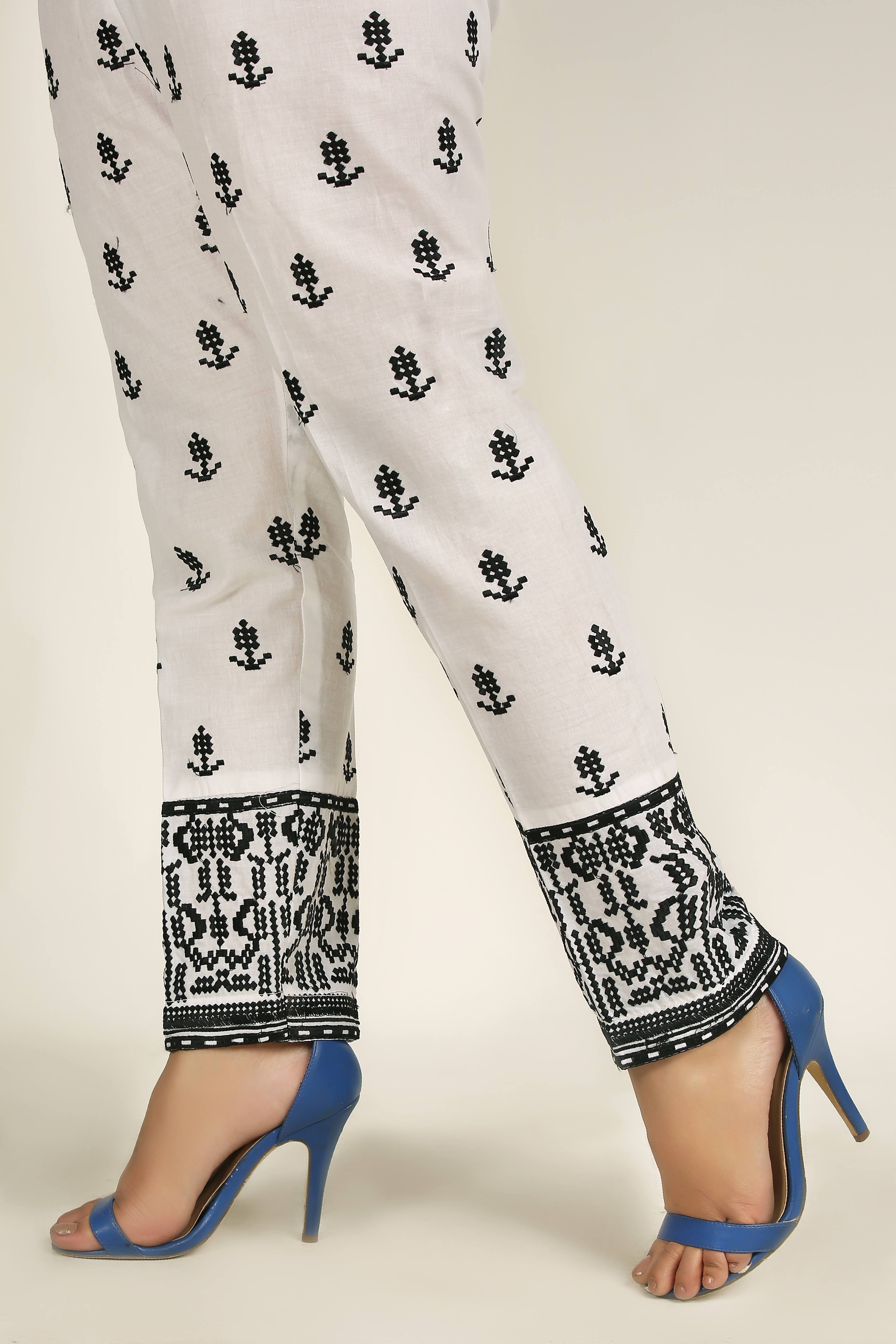 Fully Embroidered Straight Capri Trousers White 01 - Desi Posh
