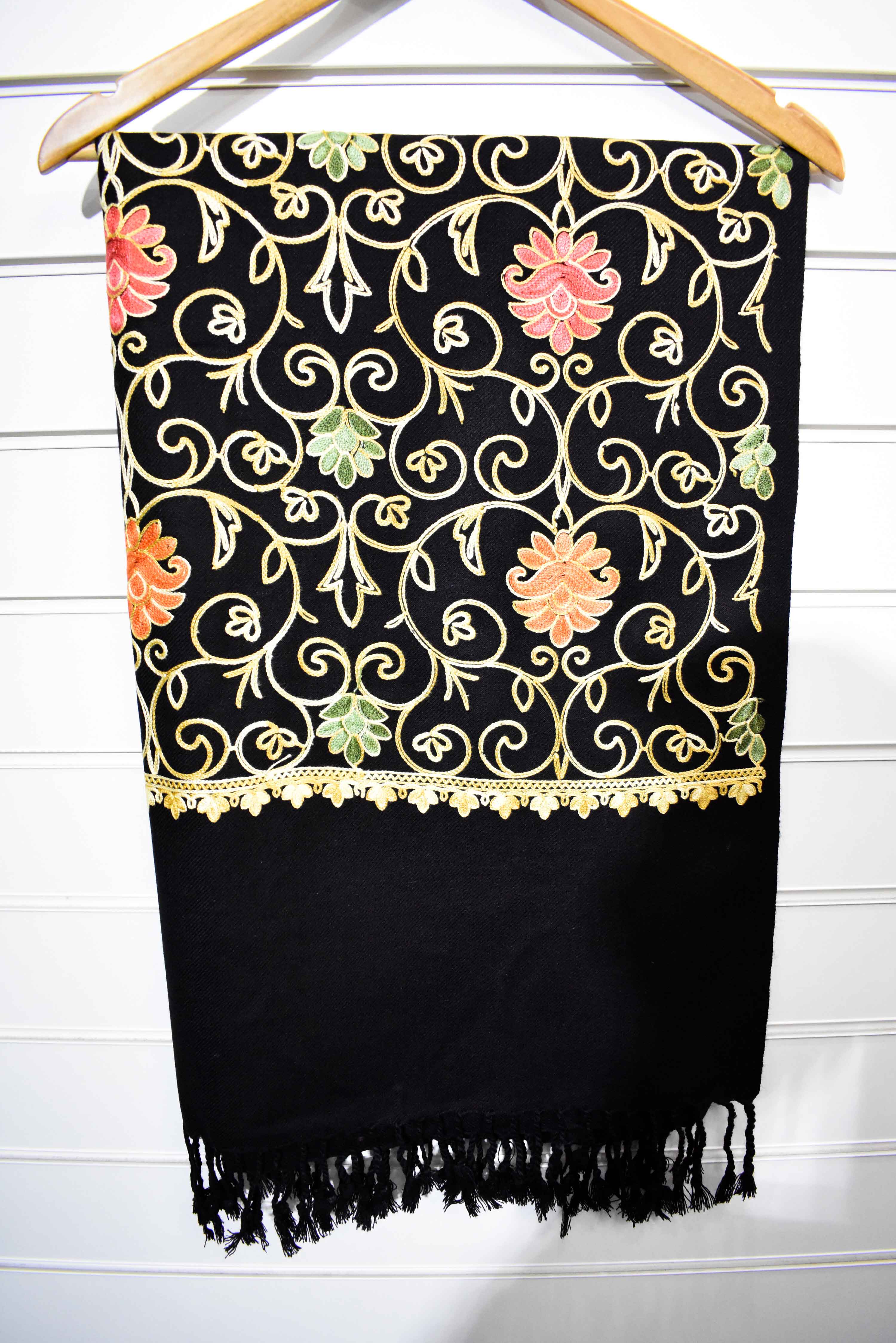 Fully Embroidered Winter Pashmina Shawl Black WD2 - Desi Posh