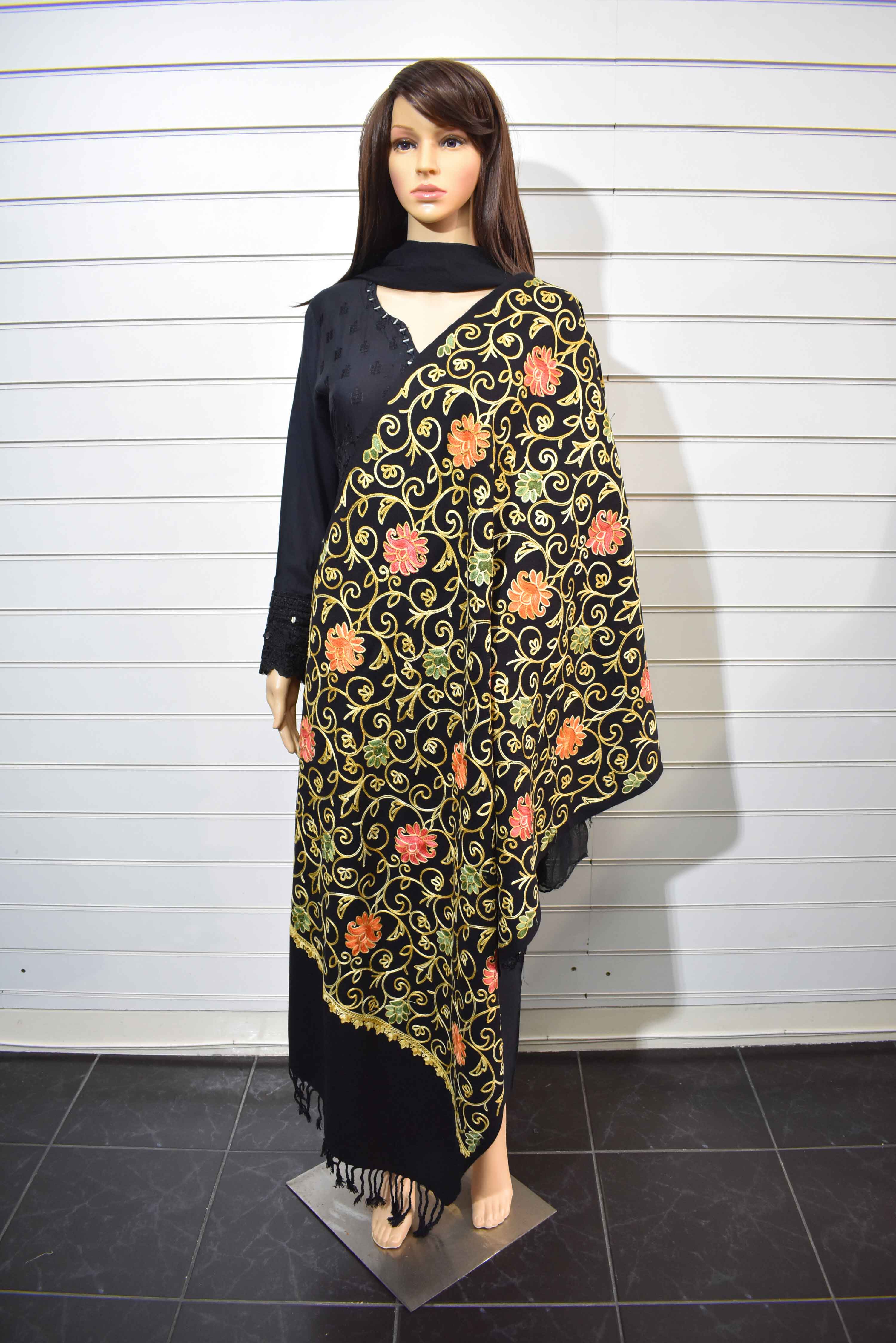 Fully Embroidered Winter Pashmina Shawl Black WD2 - Desi Posh