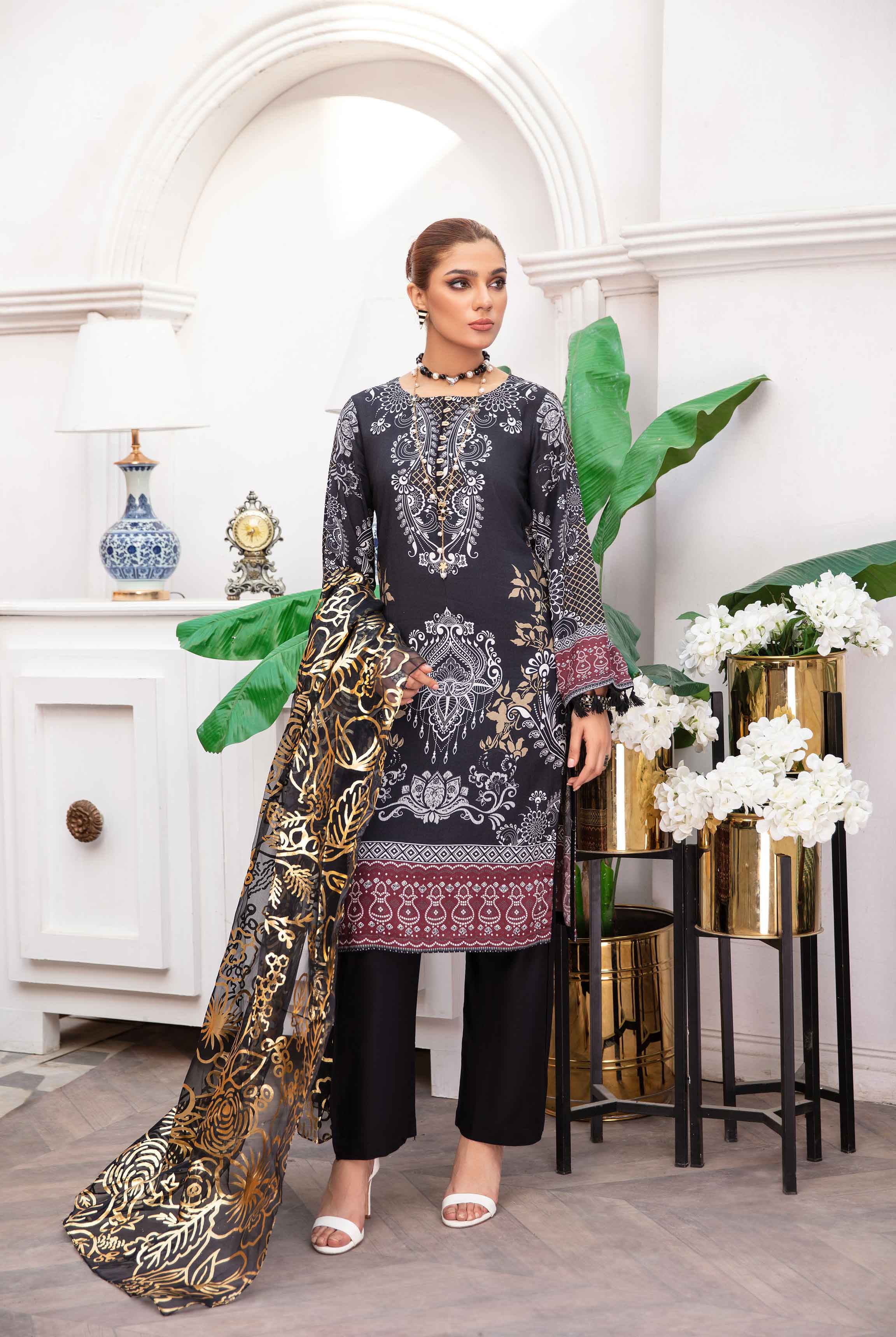 Garnet by Simrans Black Linen Outfit with Foil Print Dupatta - Desi Posh