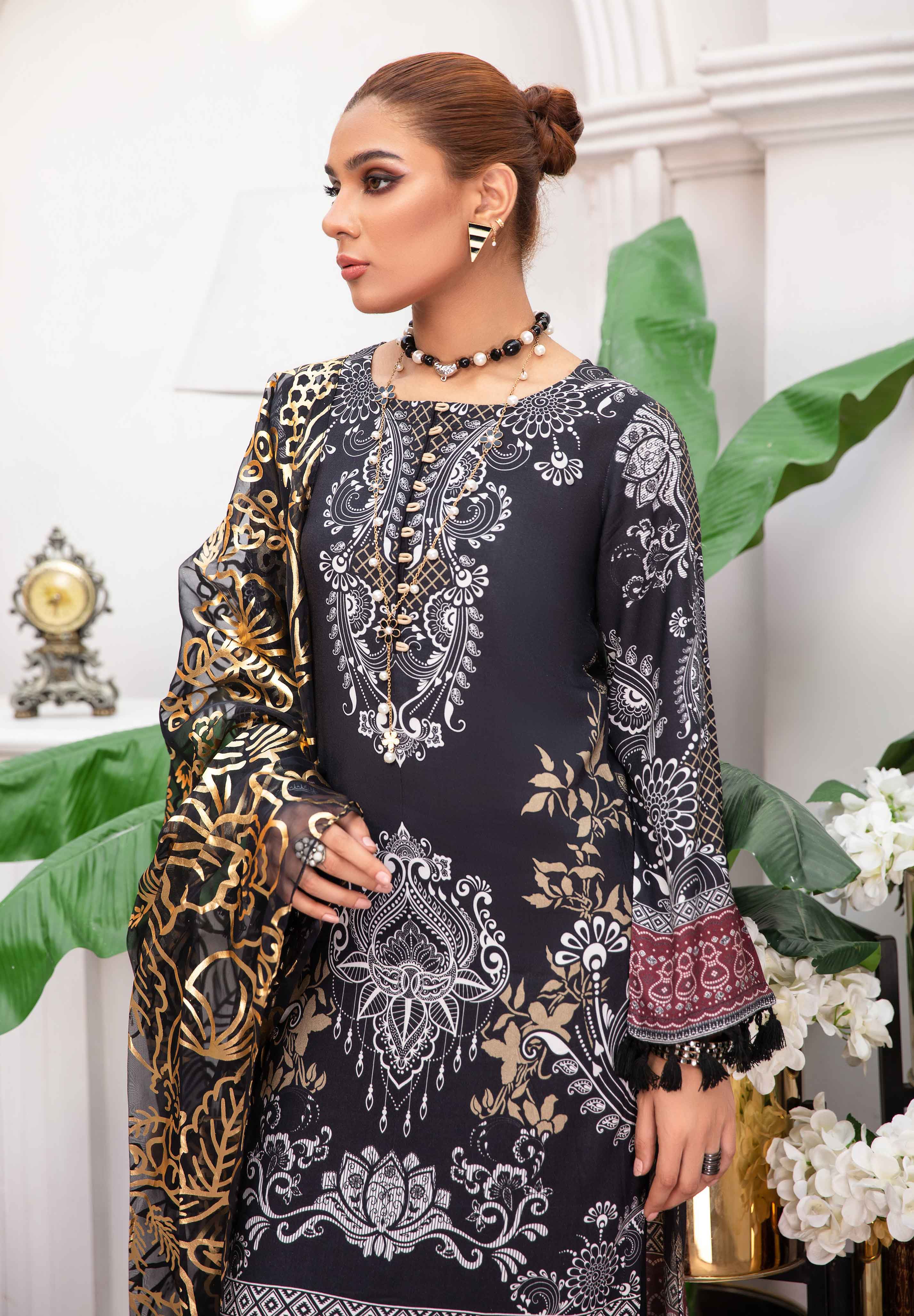 Garnet by Simrans Black Linen Outfit with Foil Print Dupatta - Desi Posh