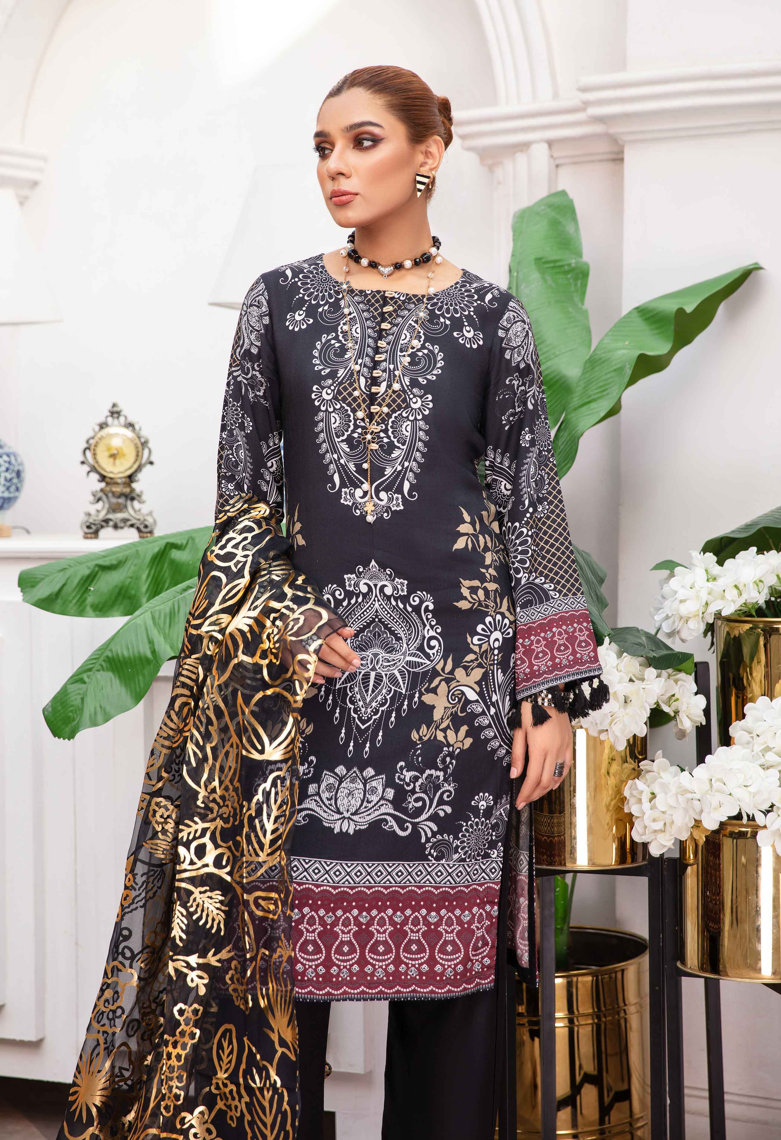 Garnet by Simrans Black Linen Outfit with Foil Print Dupatta - Desi Posh