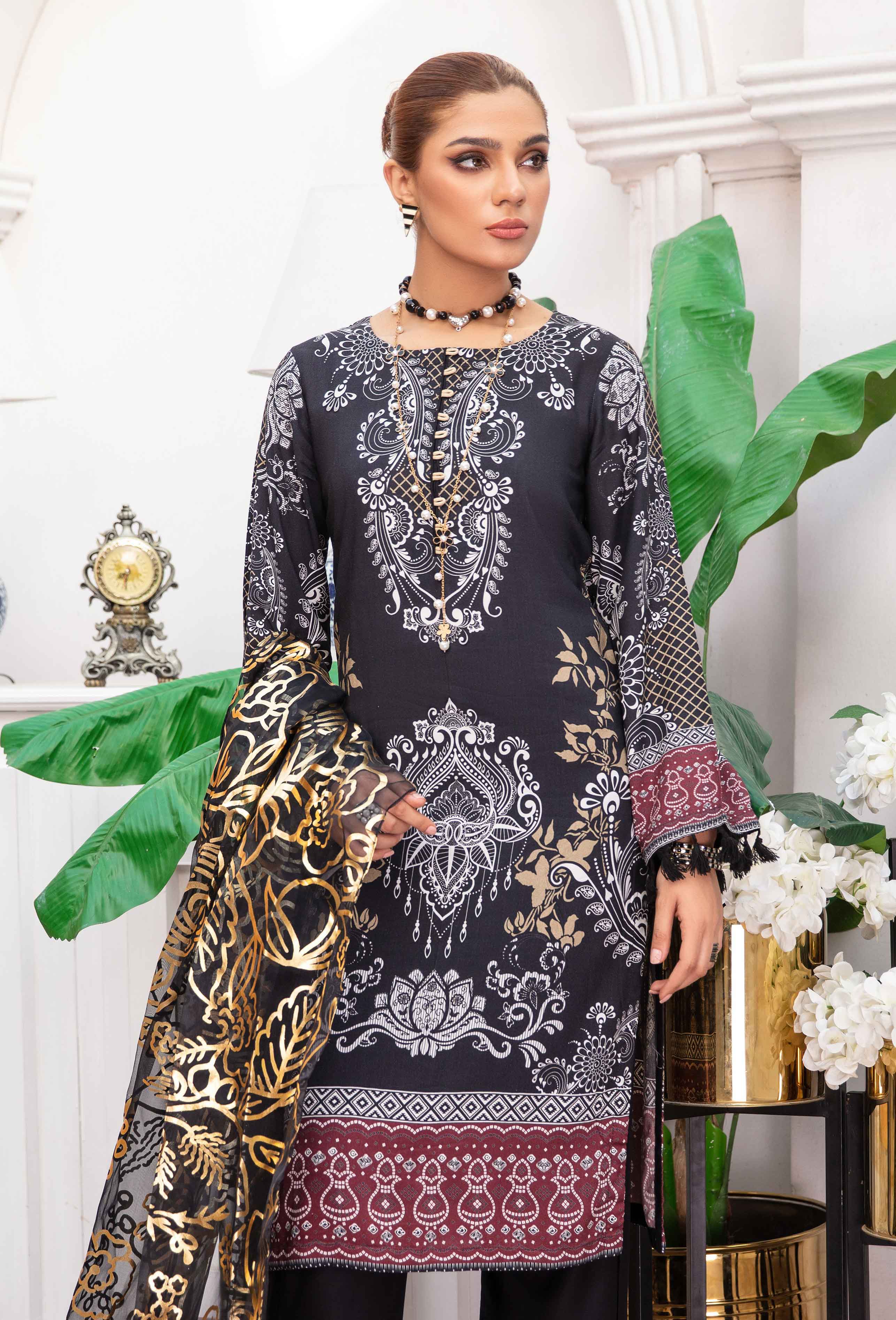Garnet by Simrans Black Linen Outfit with Foil Print Dupatta - Desi Posh