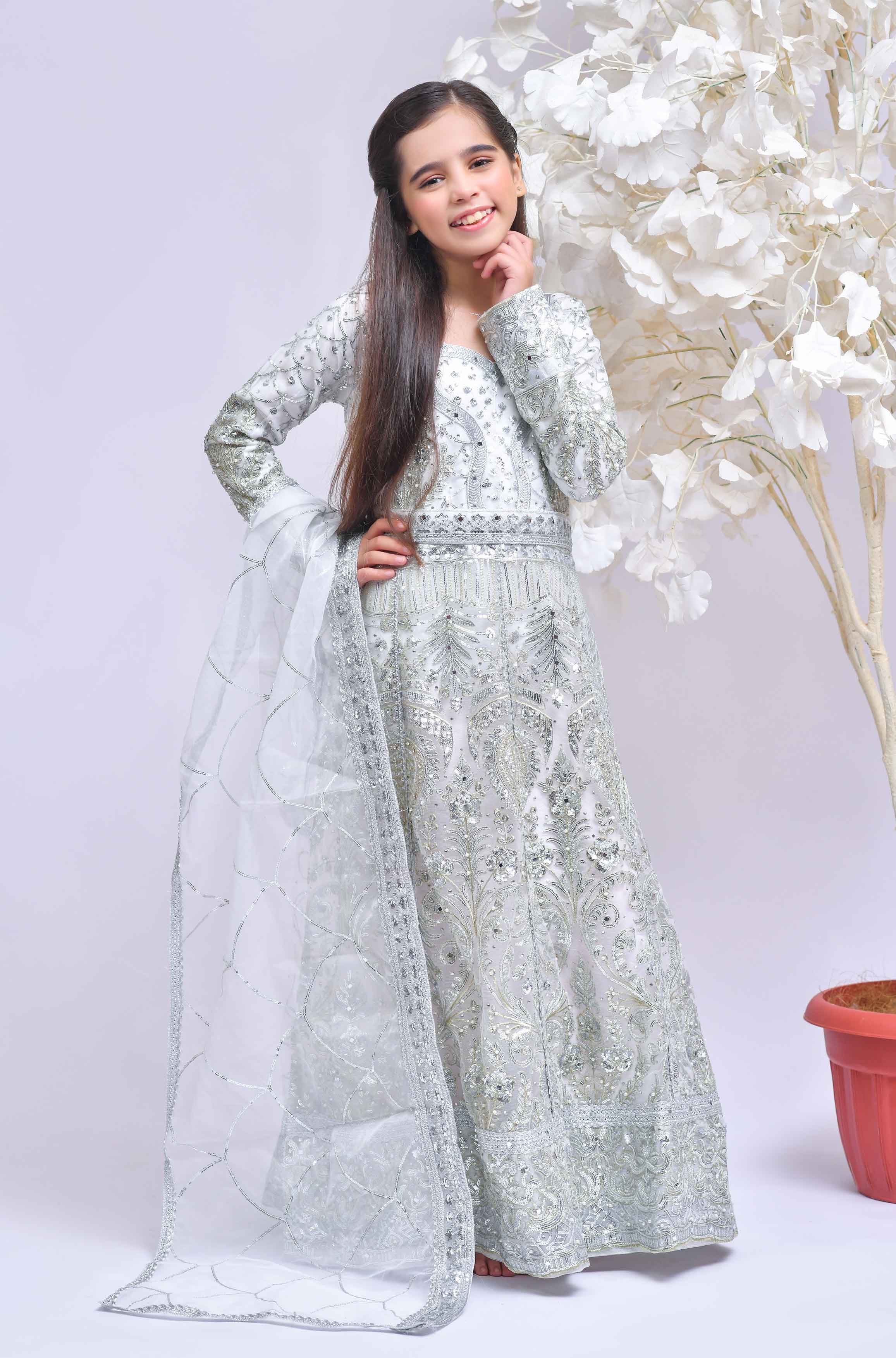 Simrans Designer Formal White Girls Long Gown Suit - Desi Posh