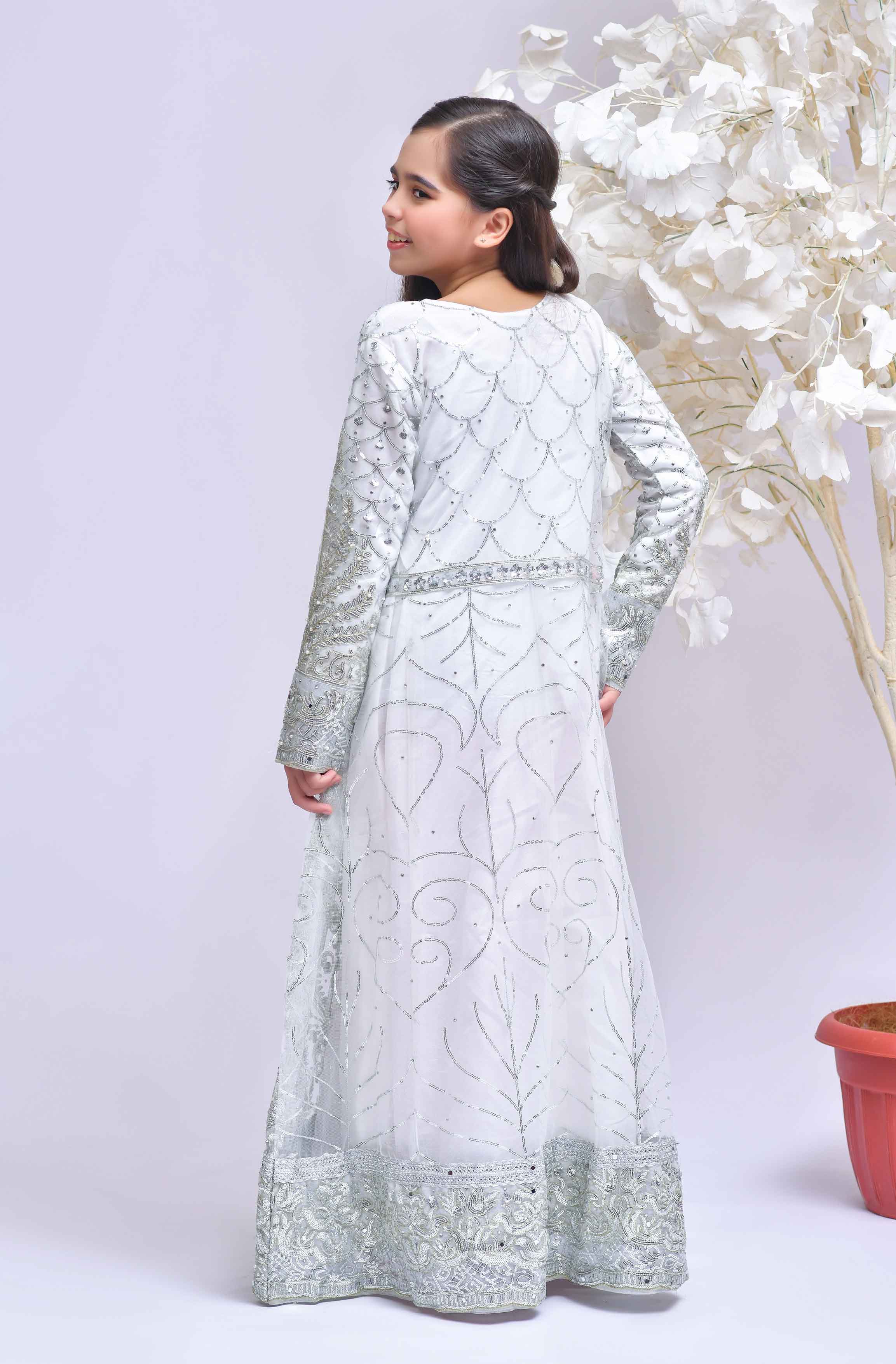 Simrans Designer Formal White Girls Long Gown Suit - Desi Posh