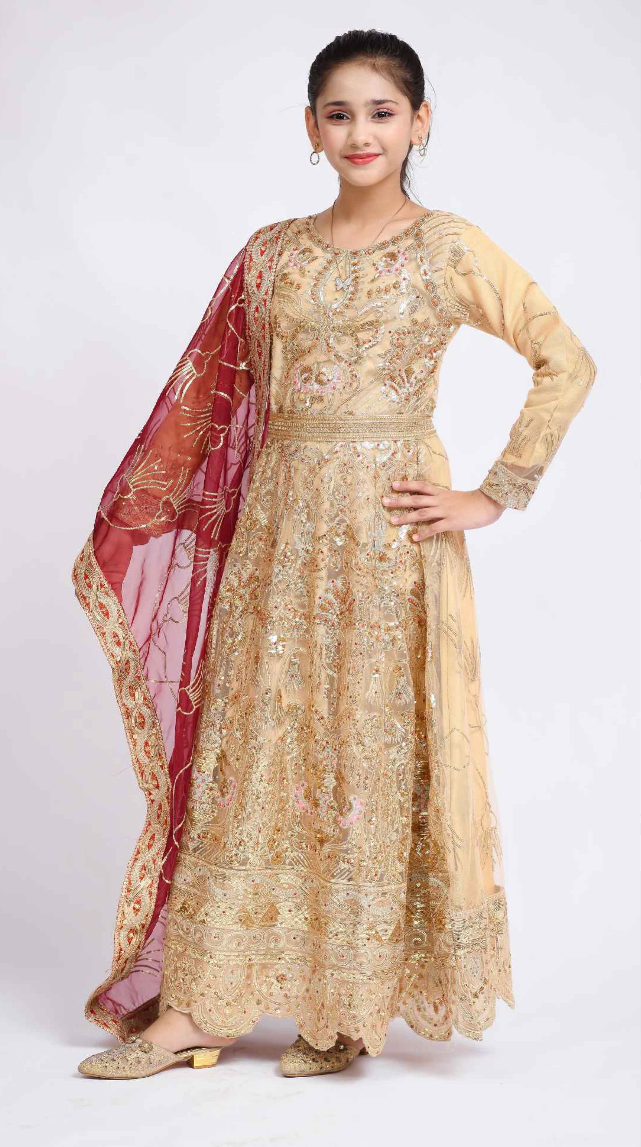 Simrans Designer Formal Gold Girls Long Gown Suit - Desi Posh