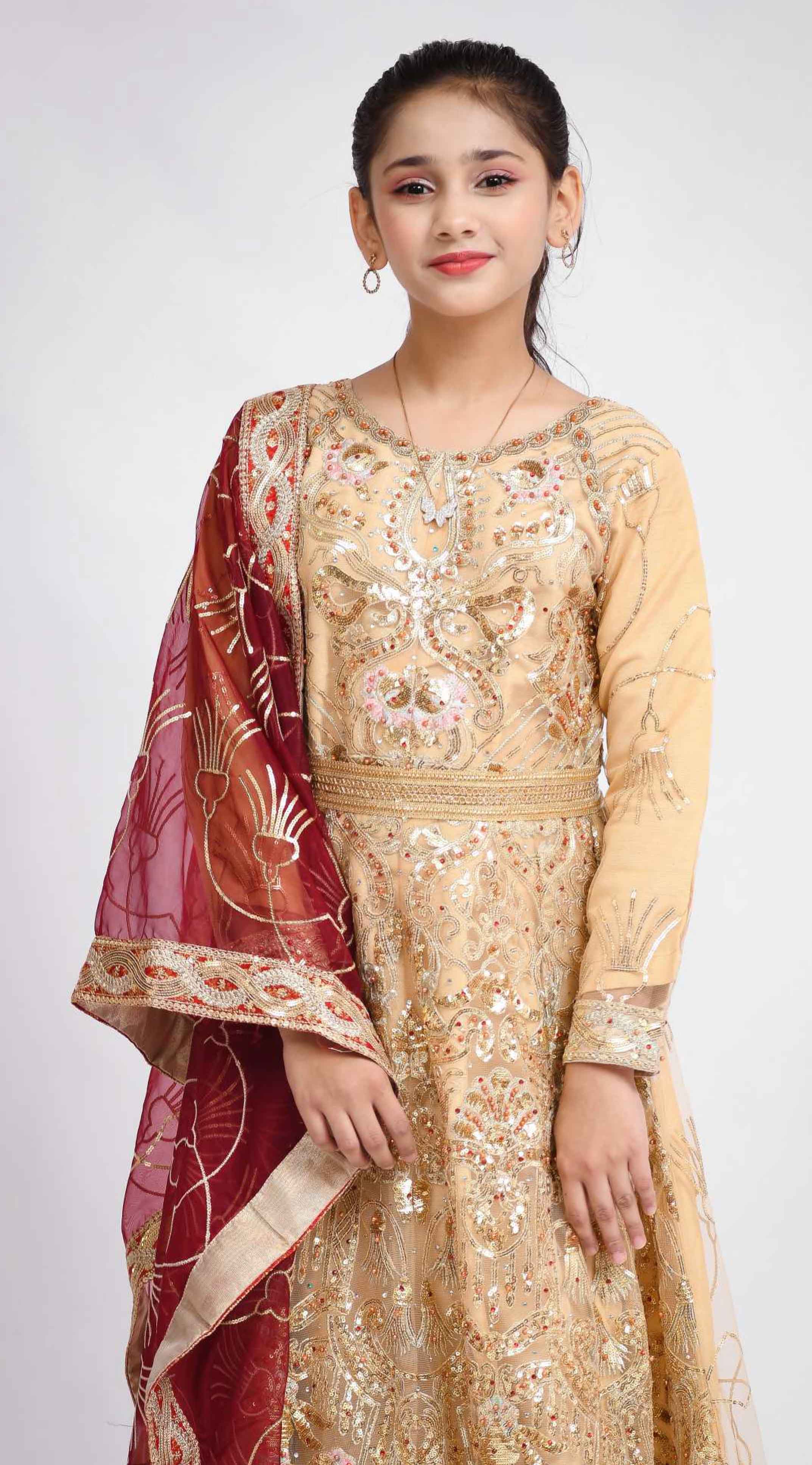 Simrans Designer Formal Gold Girls Long Gown Suit - Desi Posh