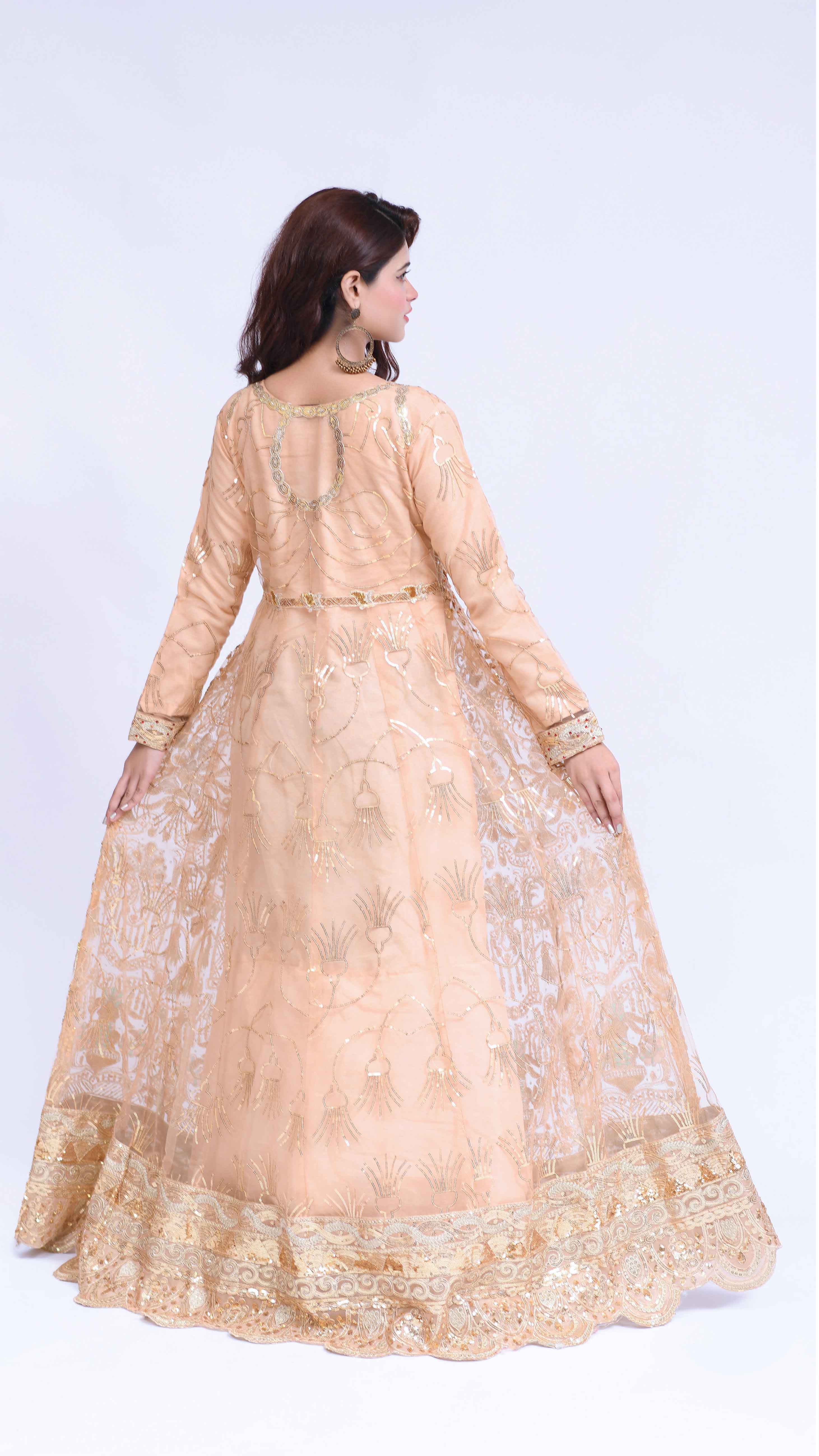 Simrans Designer Formal Gold Ladies Long Gown Suit - Desi Posh