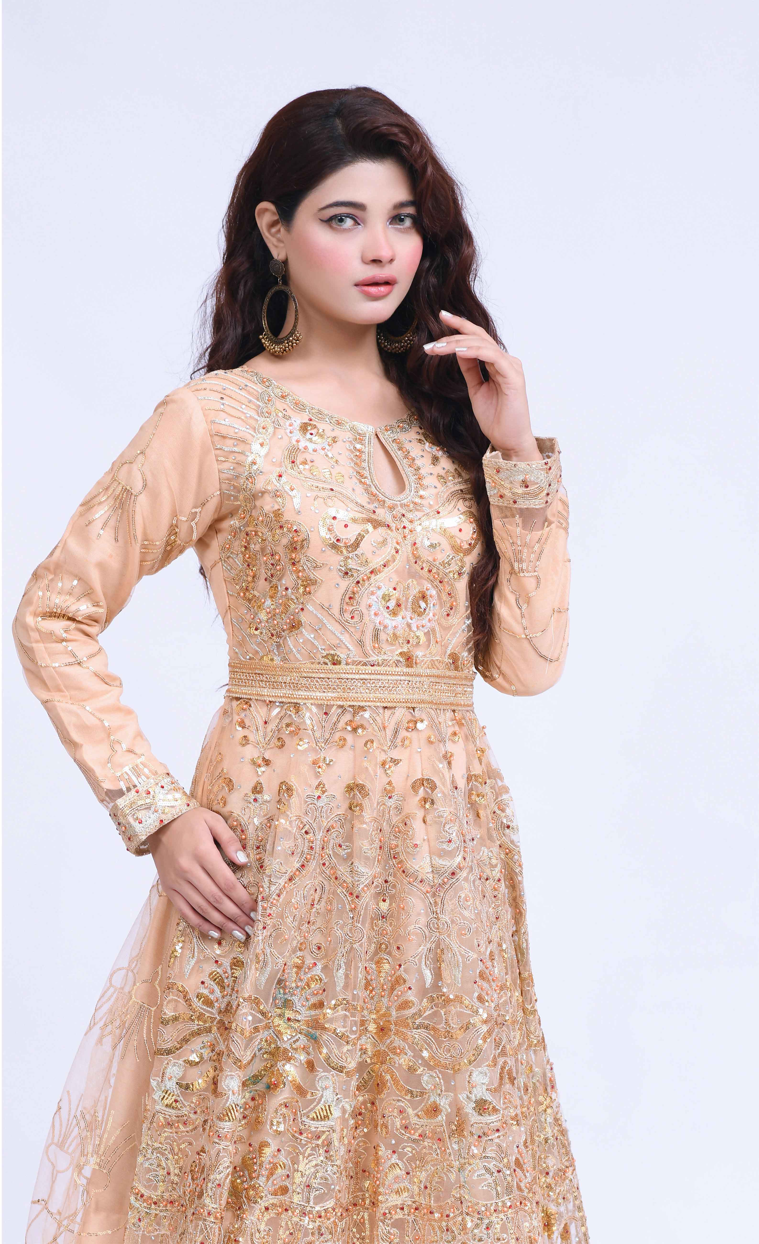 Simrans Designer Formal Gold Ladies Long Gown Suit - Desi Posh