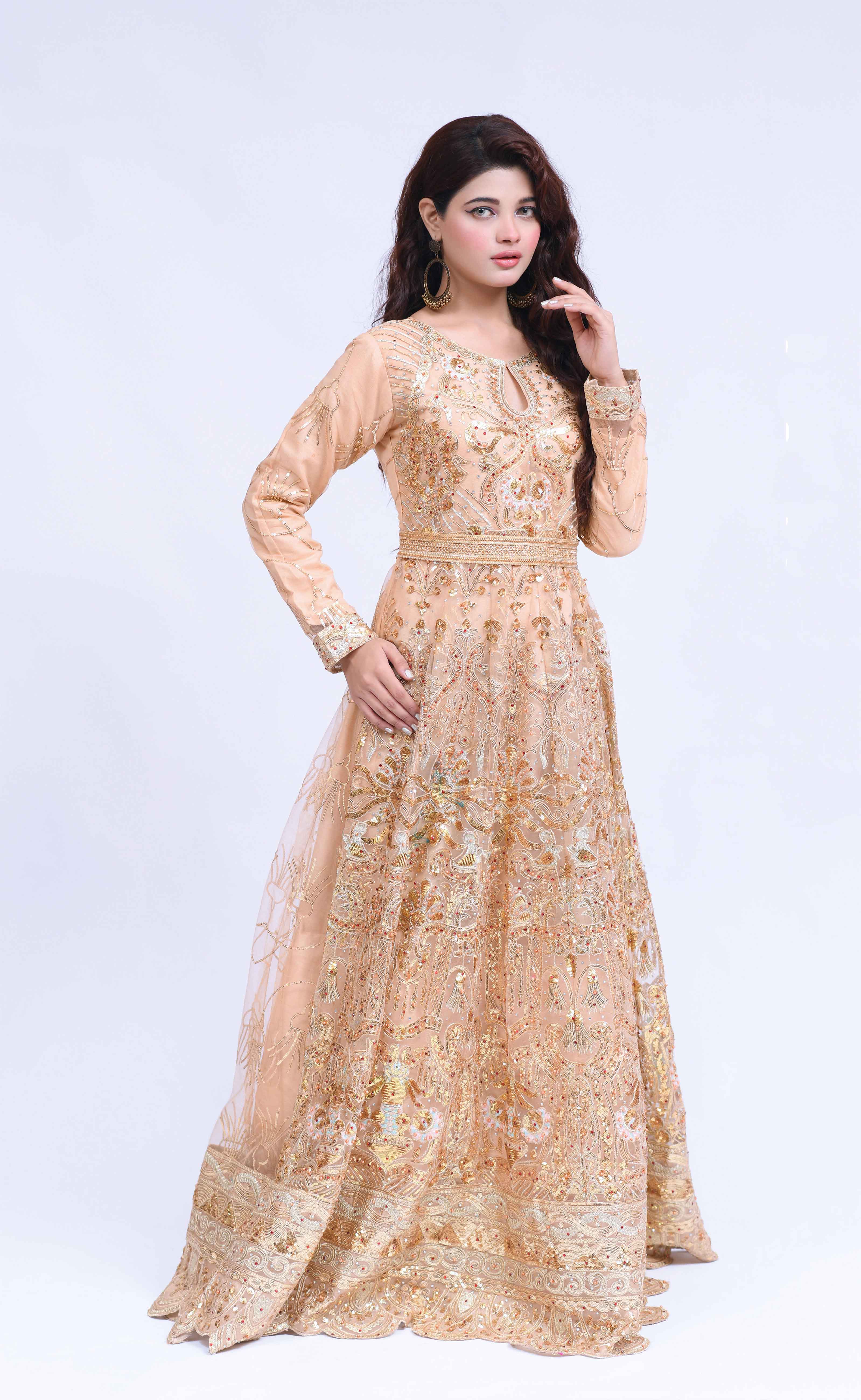 Simrans Designer Formal Gold Ladies Long Gown Suit - Desi Posh