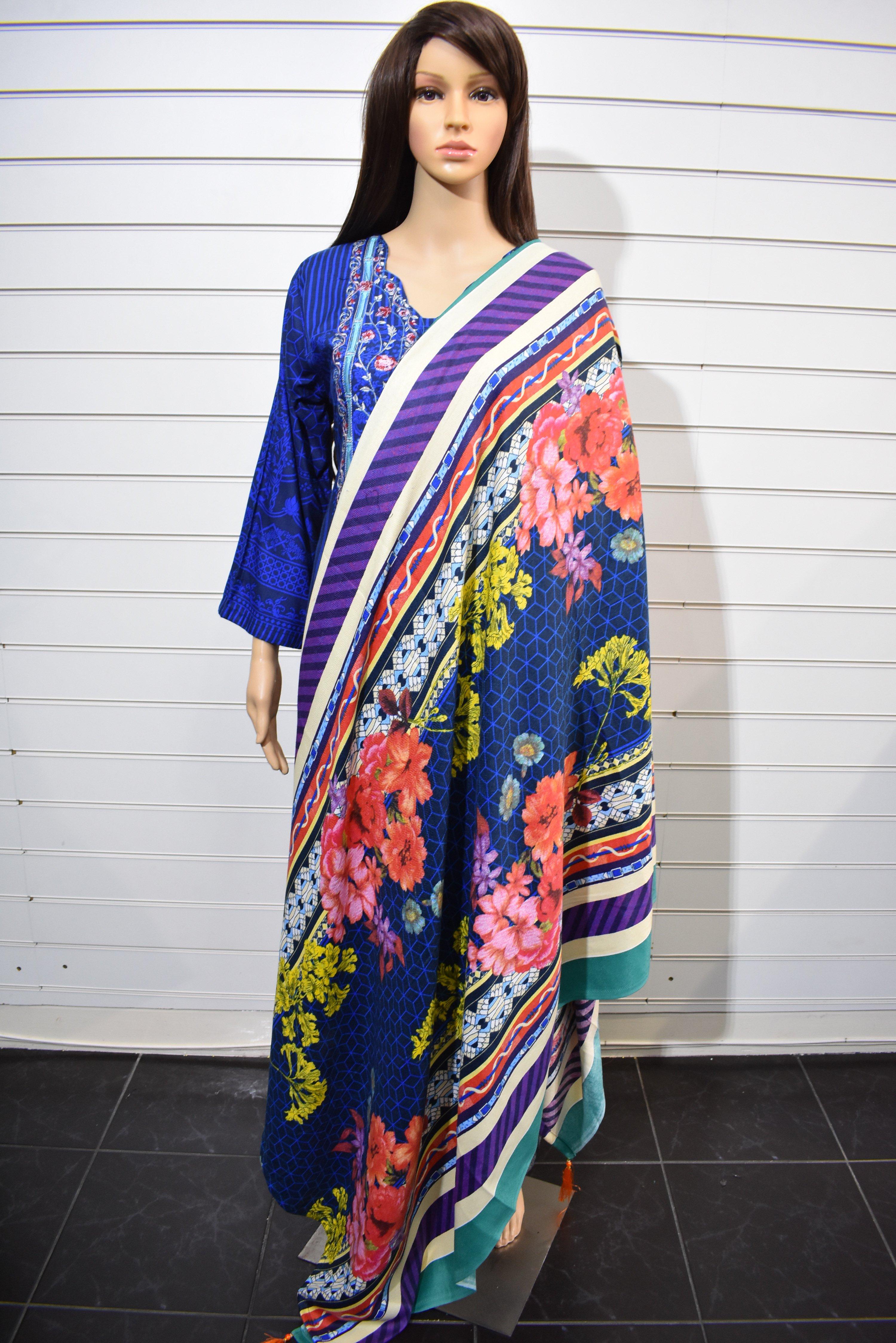 Gul Ahmed Inspired Digital Print Winter Linen Outfit With Warm Shawl - Desi Posh