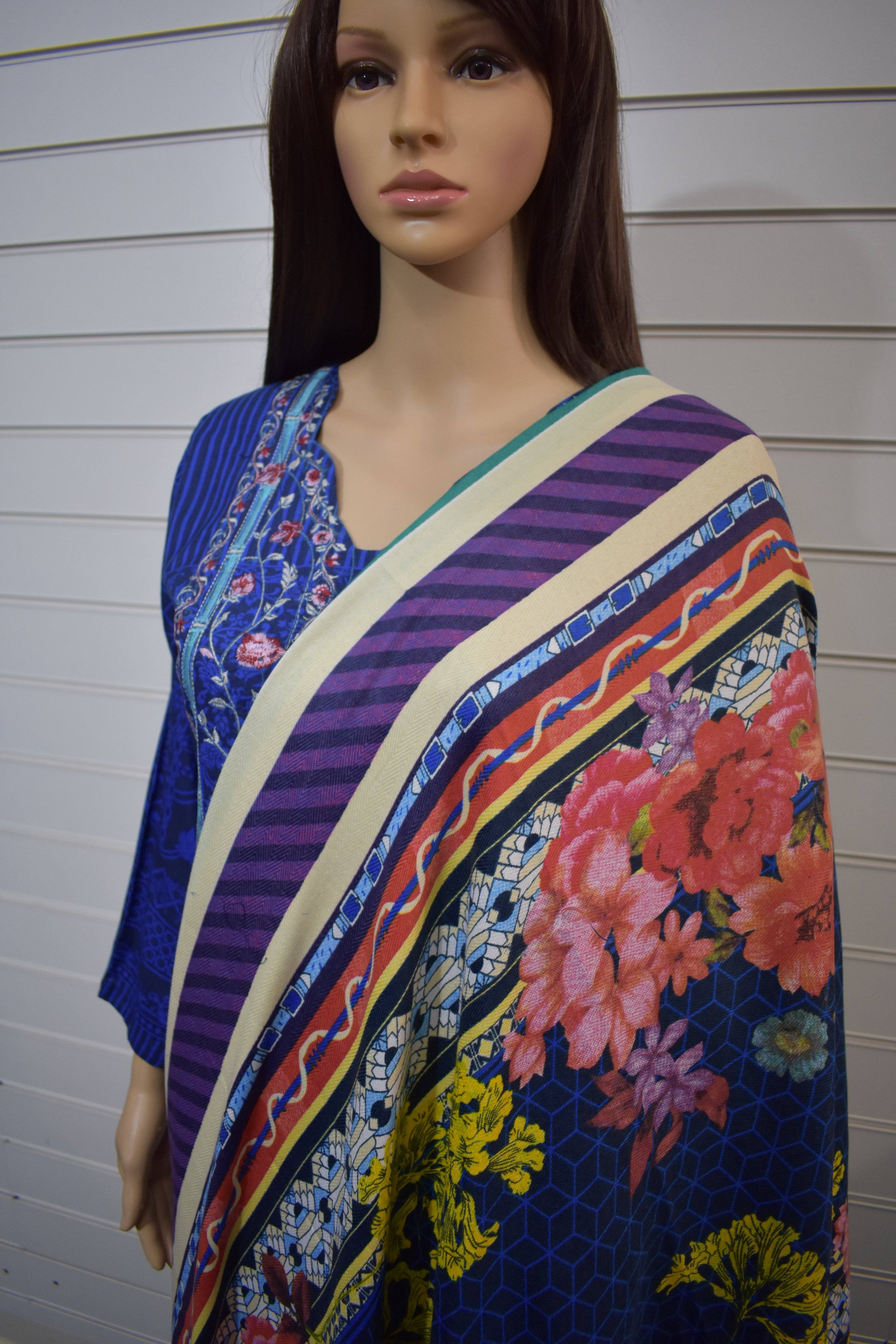 Gul Ahmed Inspired Digital Print Winter Linen Outfit With Warm Shawl - Desi Posh