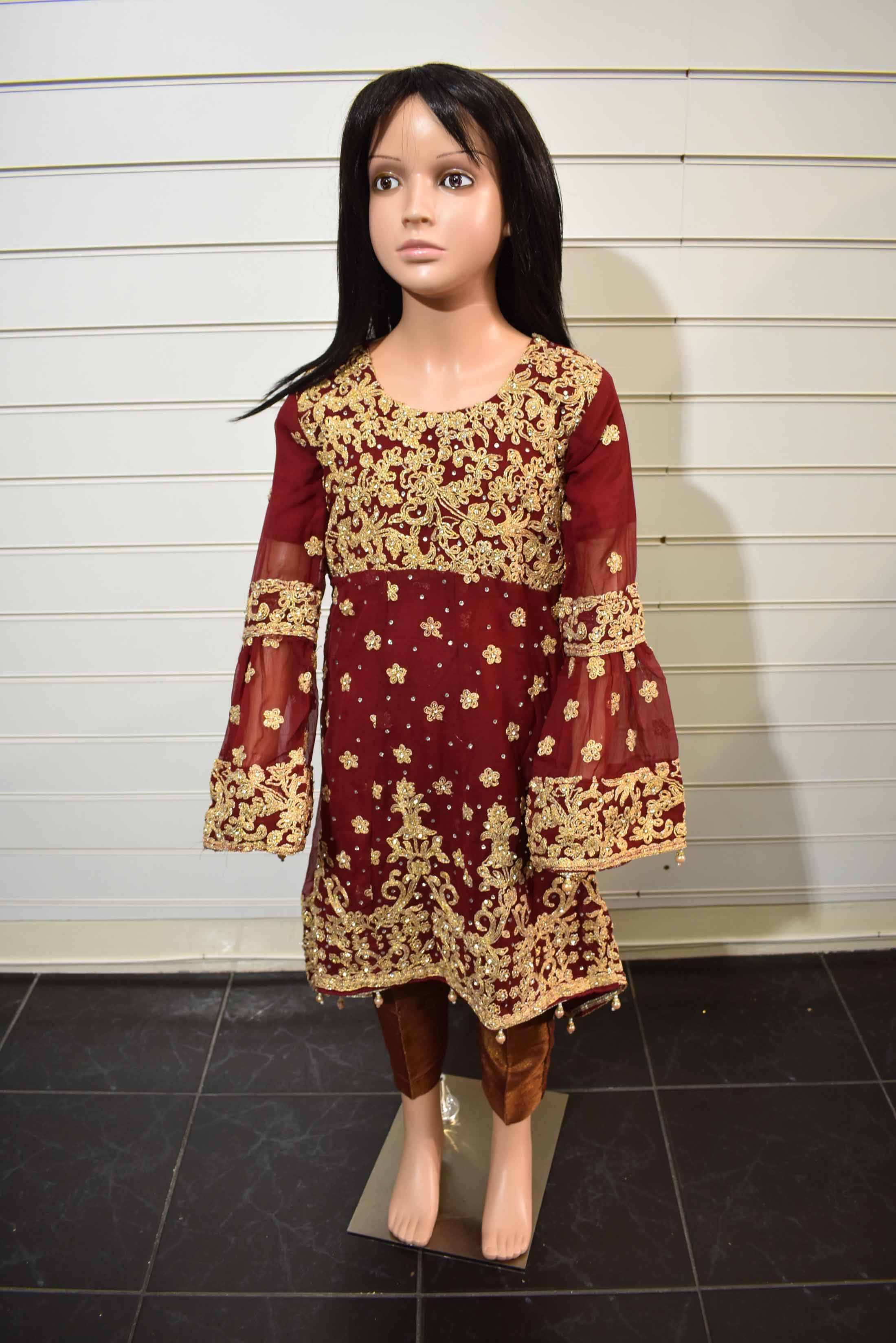 Heavy Embroidered Dipped Hem Gown Kids Semi Formal Wedding/Party Outfit Maroon - Desi Posh