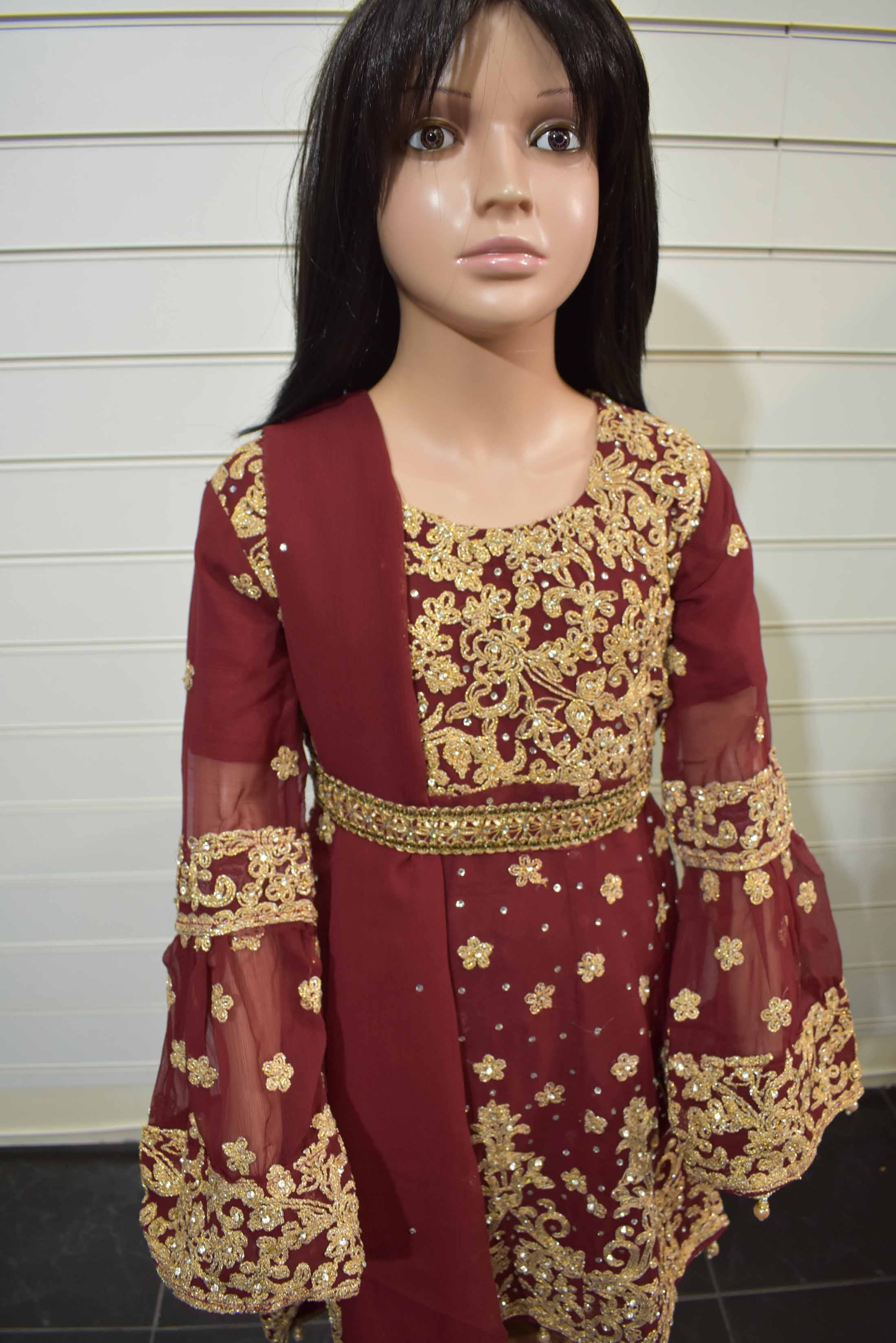 Heavy Embroidered Dipped Hem Gown Kids Semi Formal Wedding/Party Outfit Maroon - Desi Posh