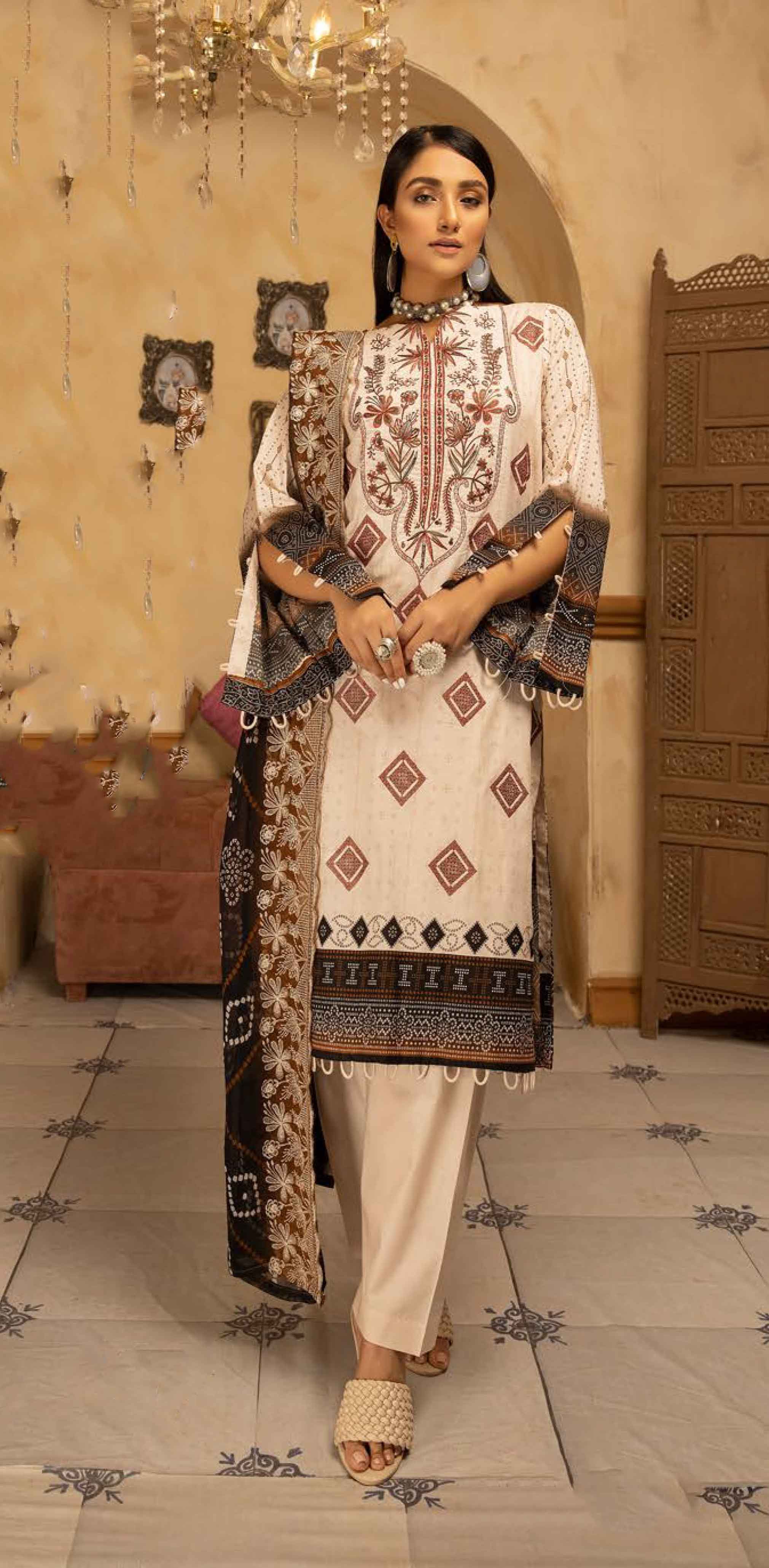 Heena by Simrans Readymade 3 Piece Lawn Outfit Cream Desiposh