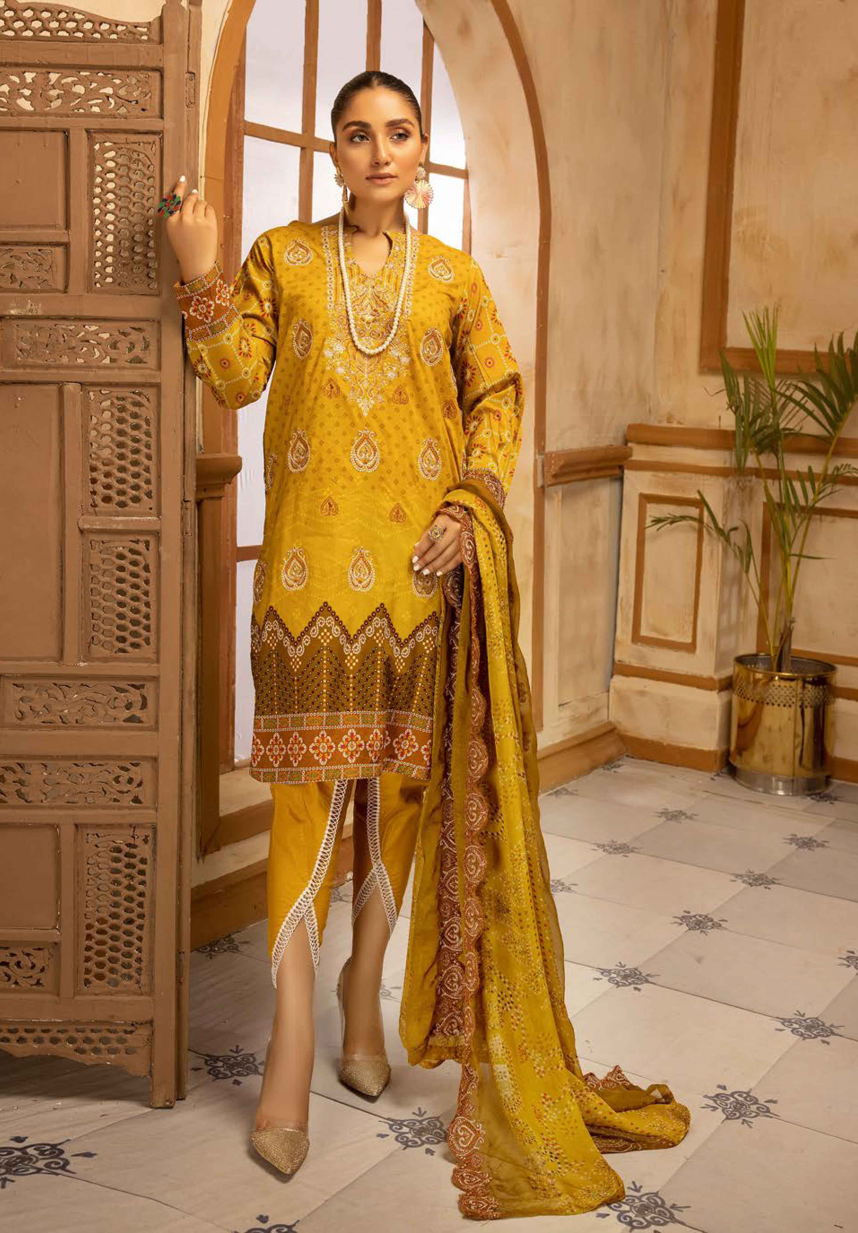 Heena by Simrans Readymade 3 Piece Lawn Outfit Mustard Desiposh