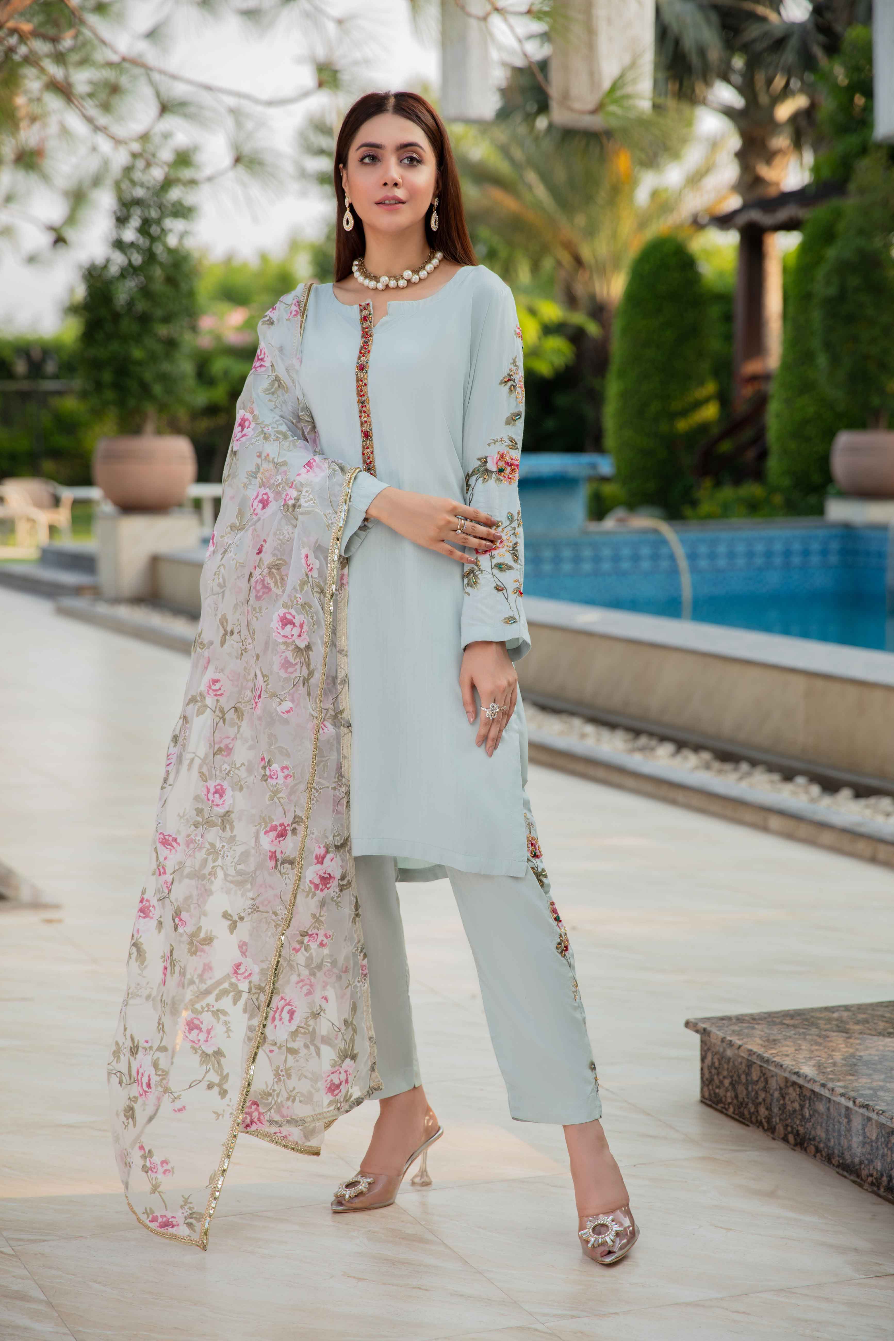Ivana Luxury Embroidered Ice Blue Silk Outfit RS16 - Desi Posh
