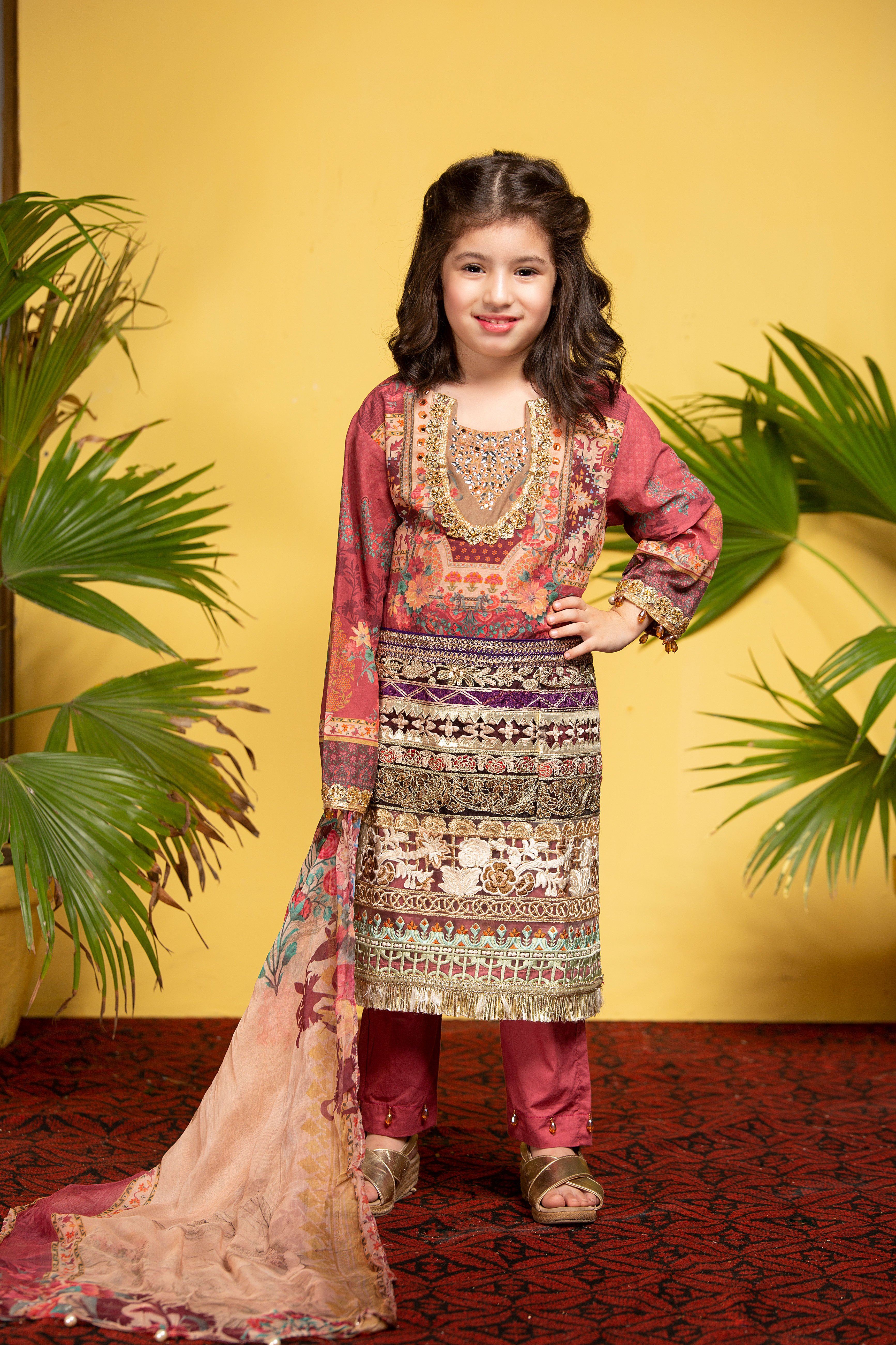 Ivana Kids Digital Print Diamante Detailed Kameez Eid Outfit with Embroidered Trousers S2047K - Desi Posh