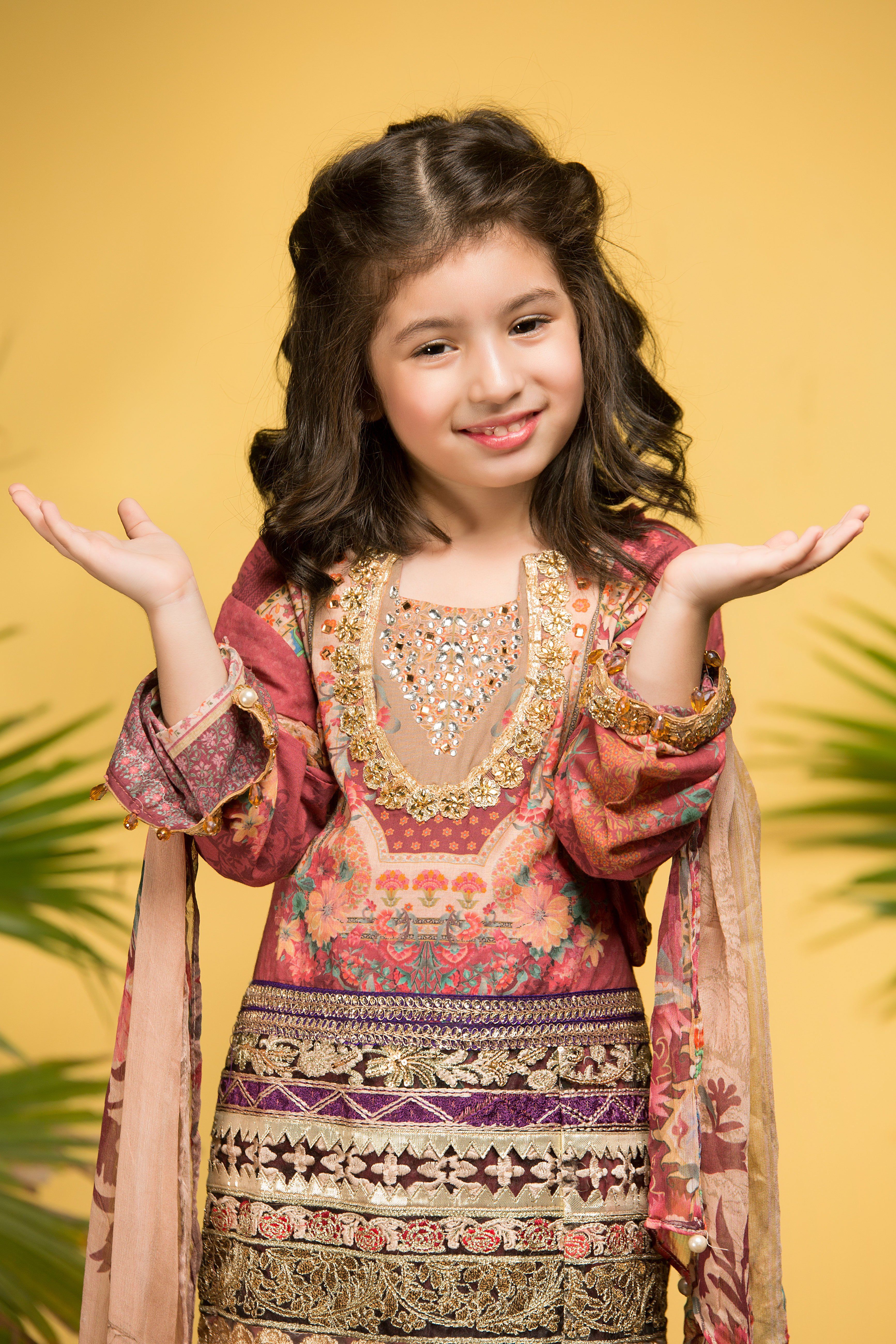 Ivana Kids Digital Print Diamante Detailed Kameez Eid Outfit with Embroidered Trousers S2047K - Desi Posh