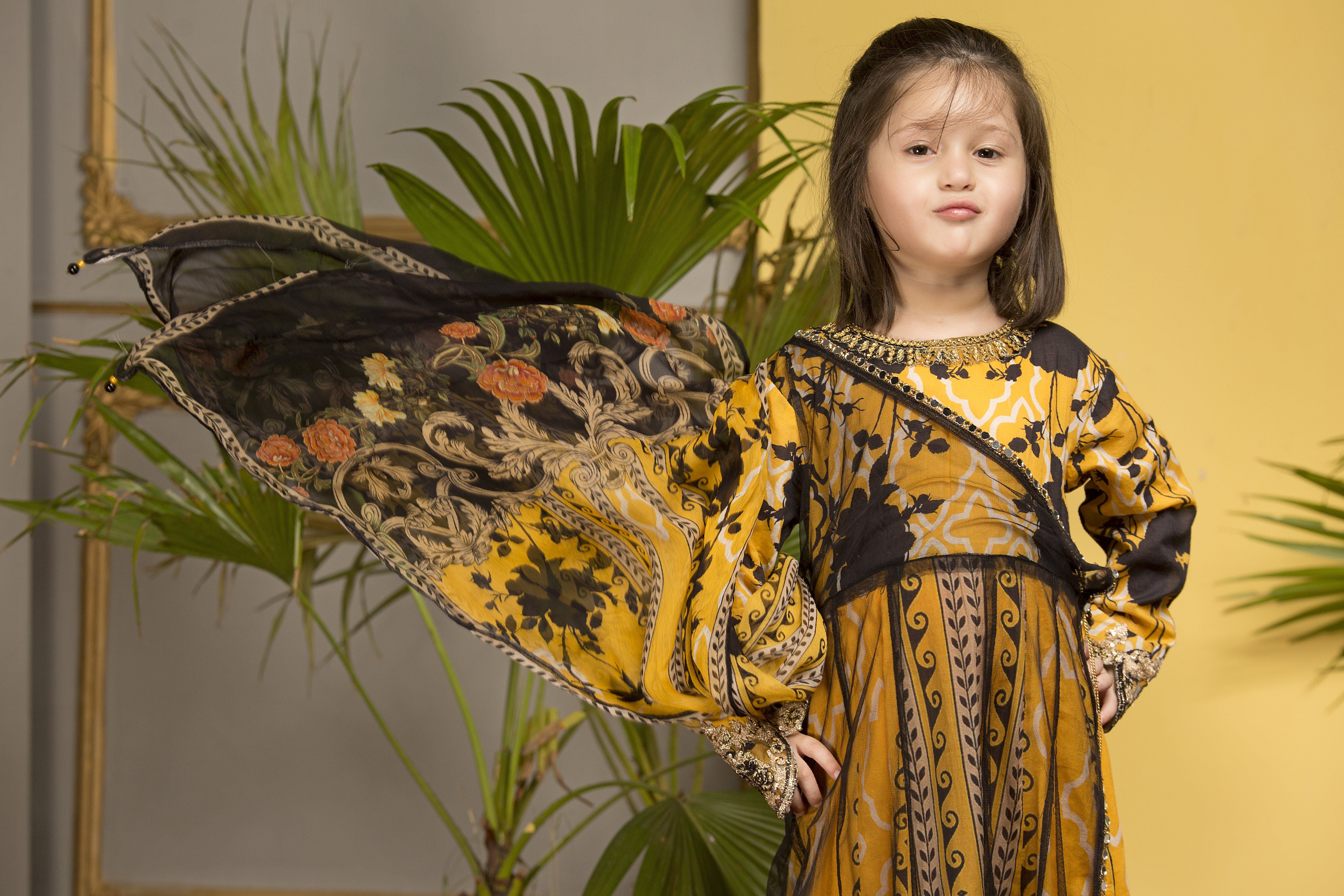 Ivana Kids Digital Print Long Gown Eid Outfit with Embroidered Trousers S2062K Mother & Daughter - Desi Posh