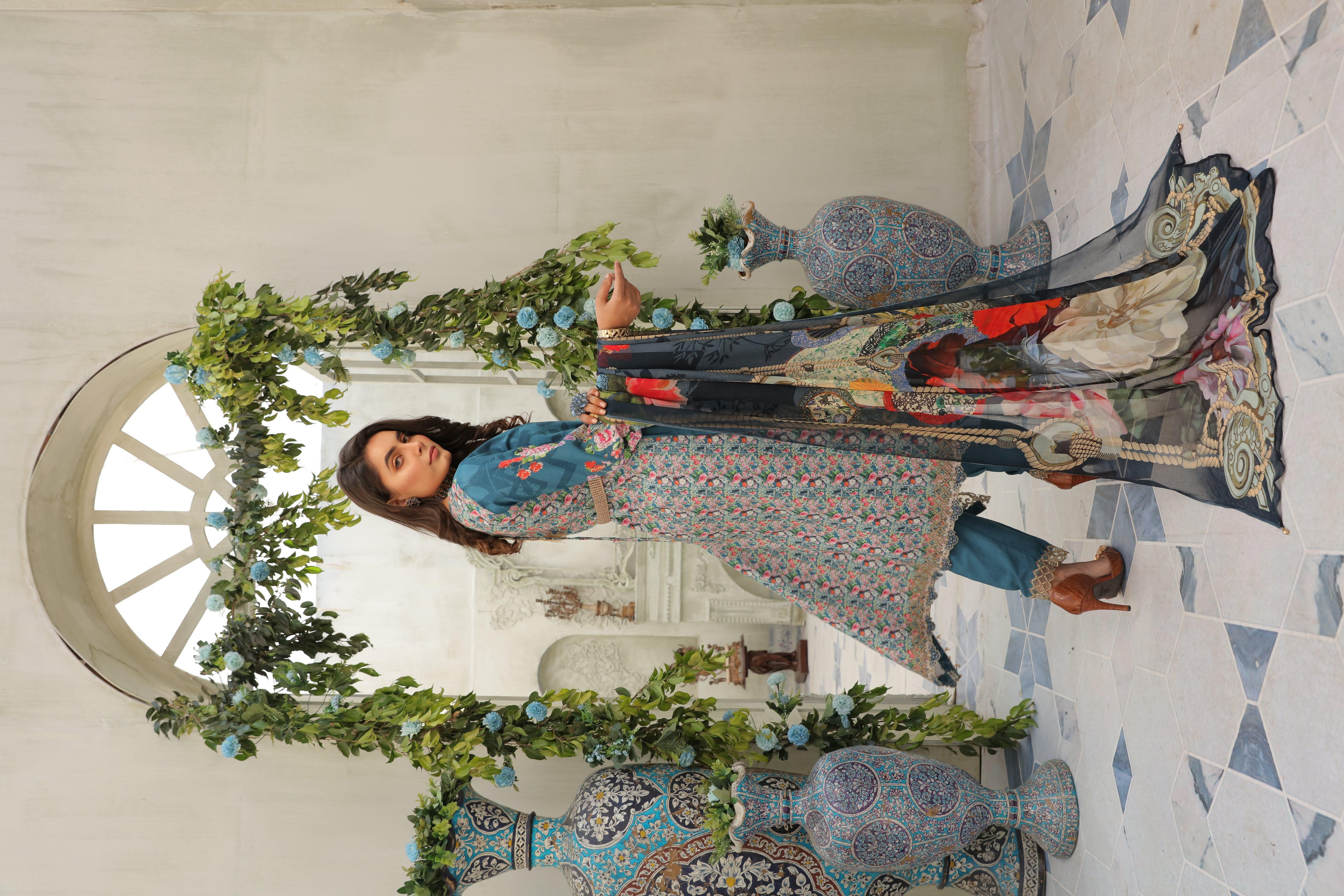 Ivana Kids Digital Print Side Trail Dress Eid Outfit with Embroidered Trousers S2044K Mother & Daughter - Desi Posh