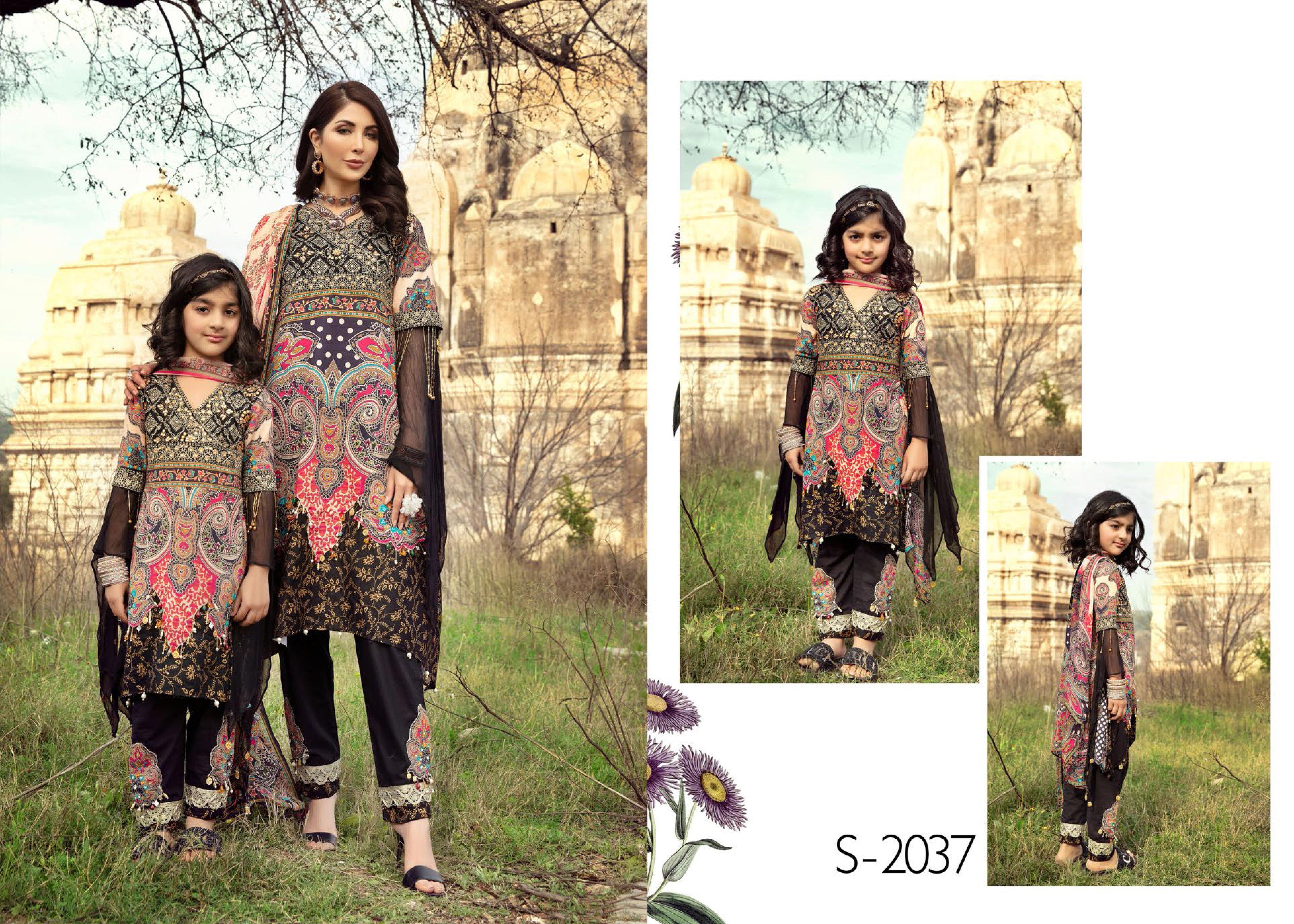 Ivana Kids Digital Print Sindhi Aline Eid Outfit with Diamante Detailed Trousers S2037K - Desi Posh