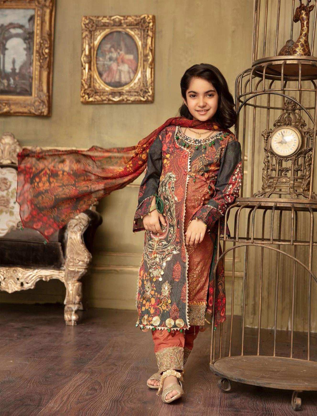 Ivana Kids Digital Print Sindhi Style Maxi Dress Eid Outfit with Embroidered Trousers S2049K - Desi Posh