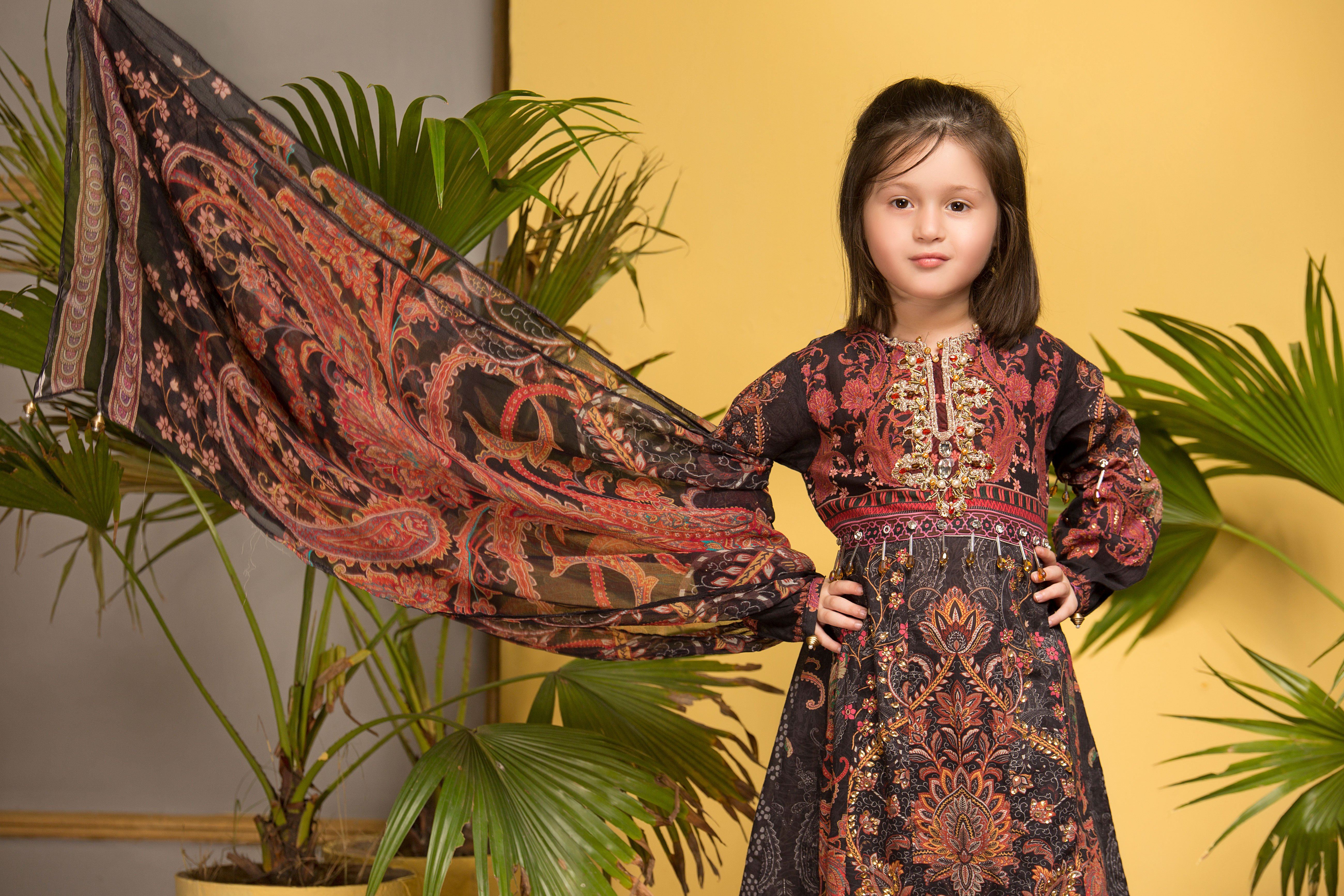 Ivana Kids Digital Print Sindhi Style Maxi Dress Eid Outfit with Embroidered Trousers S2056K - Desi Posh