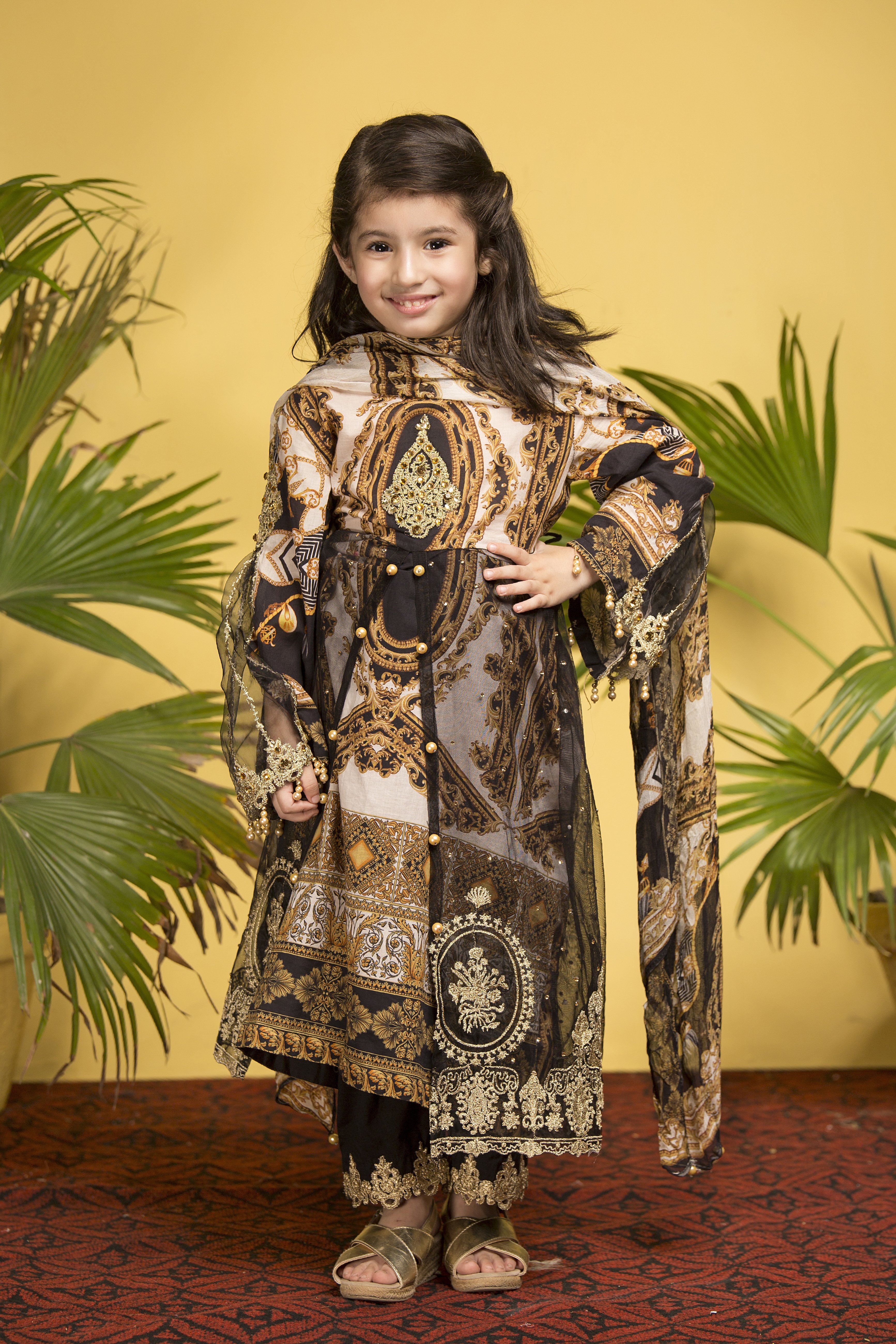 Ivana Kids Digital Versace Print Long Gown Eid Outfit with Embroidered Trousers S2038K Mother & Daughter - Desi Posh