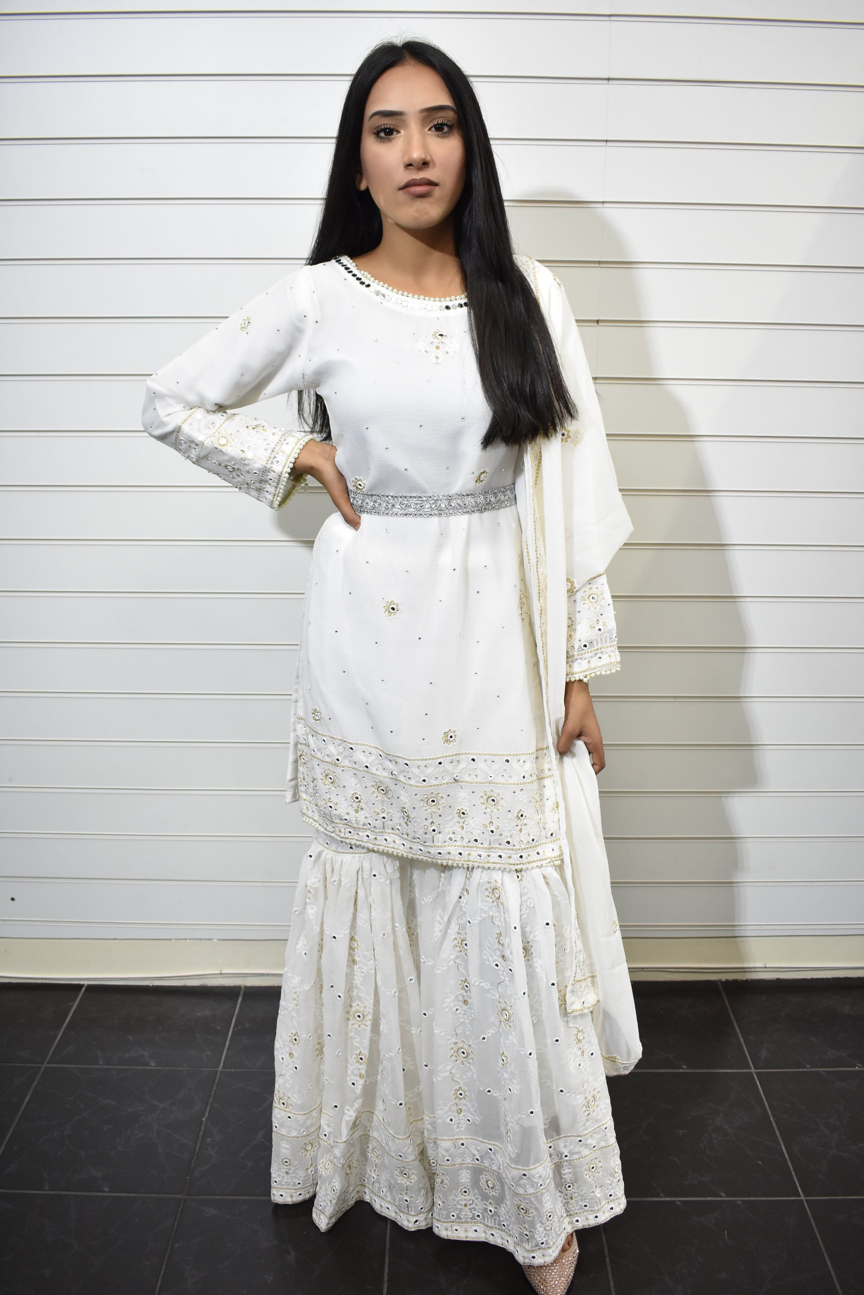 Ivana Ladies Designer Semi Formal White Gharara Outfit S2298W DesiP 