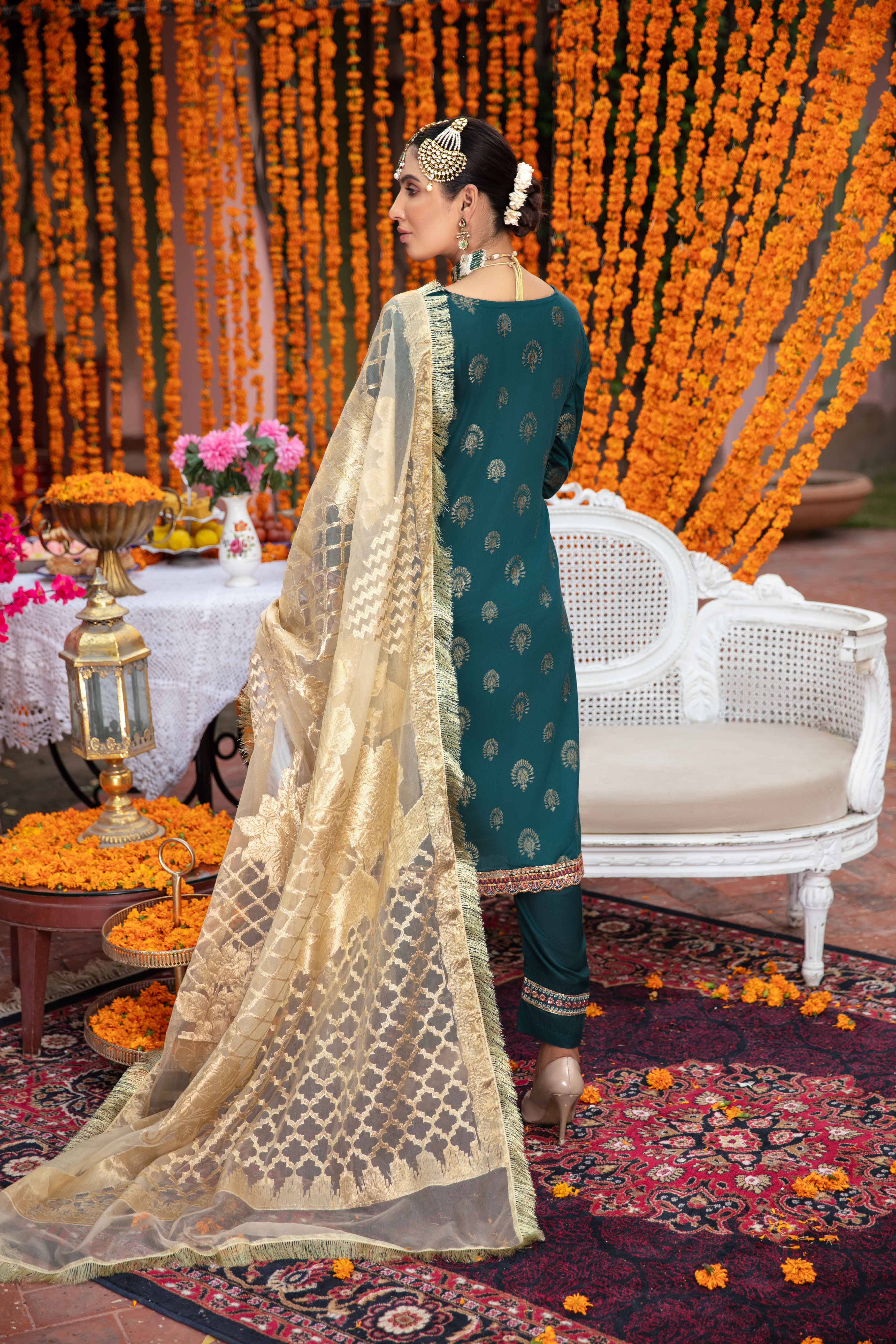 Ivana Ladies Emerald Green Jacquard Mummy & Me Outfit 3147 - Desi Posh